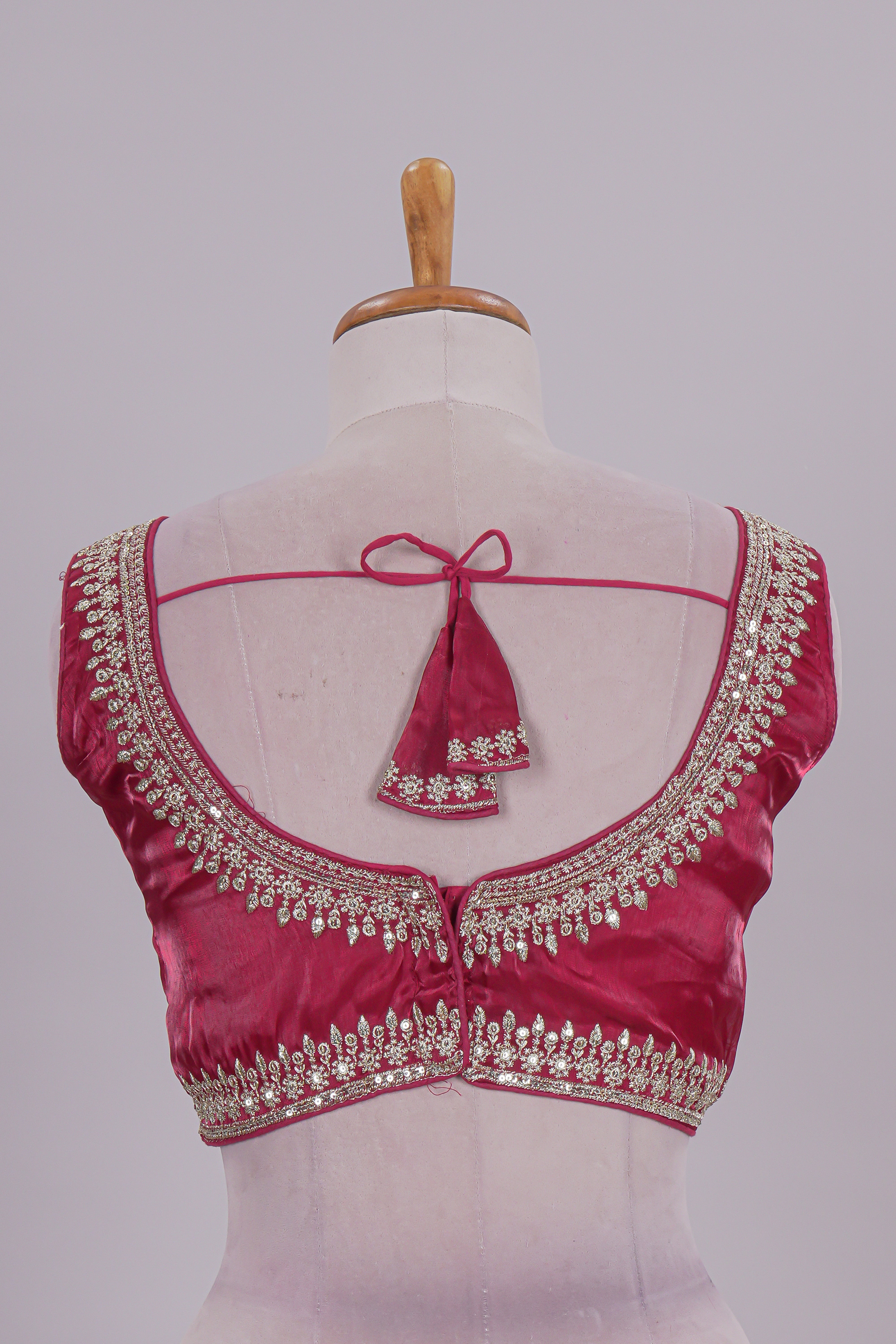 Red floral chamki embroidery work readymade designer blouse, sleeveless V neck with back tassels