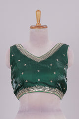 Green floral chamki embroidery work readymade designer blouse, sleeveless V neck with back tassels