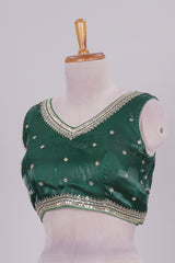 Green floral chamki embroidery work readymade designer blouse, sleeveless V neck with back tassels