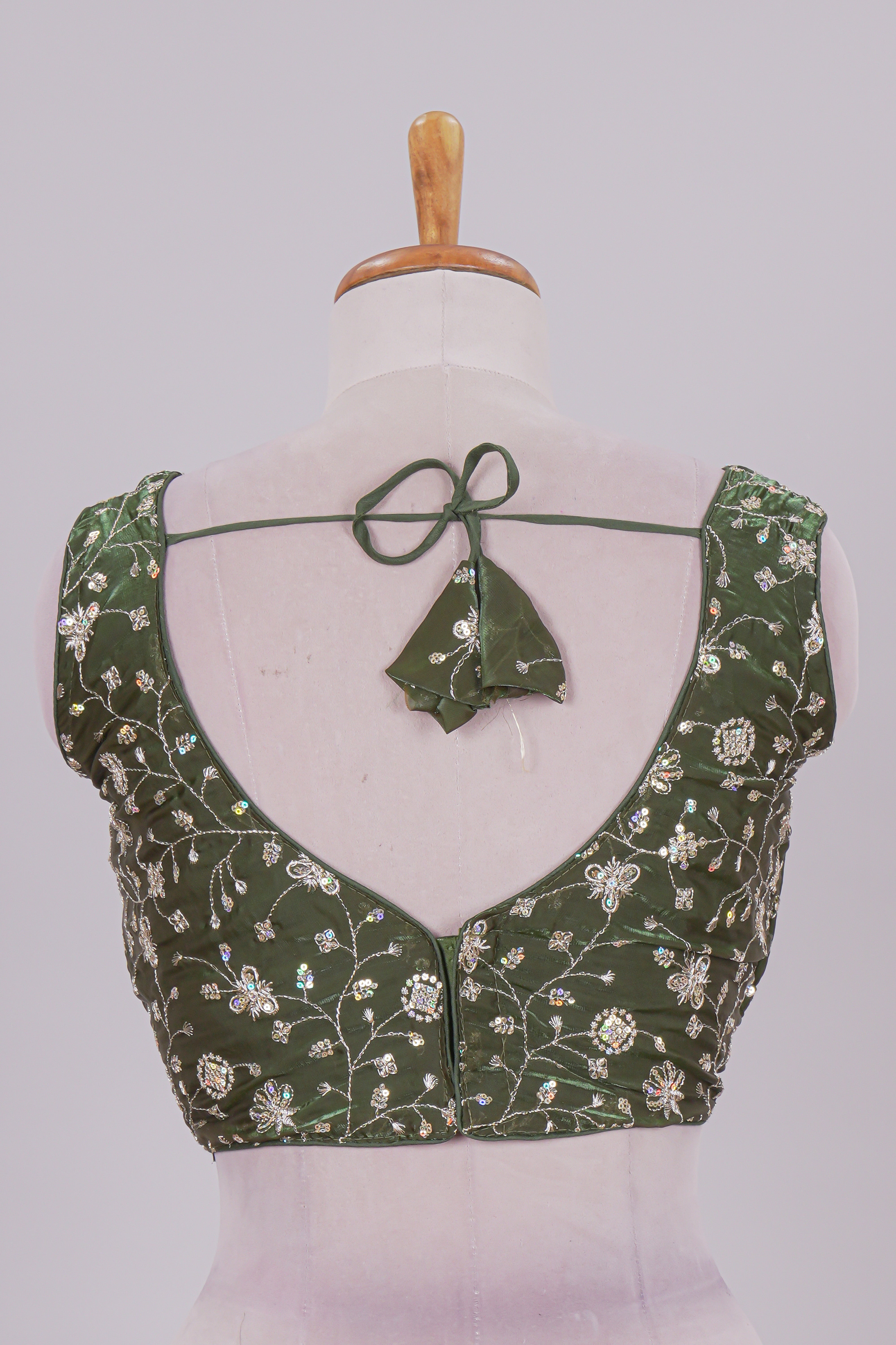 Olive green floral chamki embroidery work readymade designer blouse, sleeveless V neck with back tassels