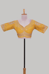 Yellow chamki embroidery work readymade designer blouse, half sleeve V neck with back tassels