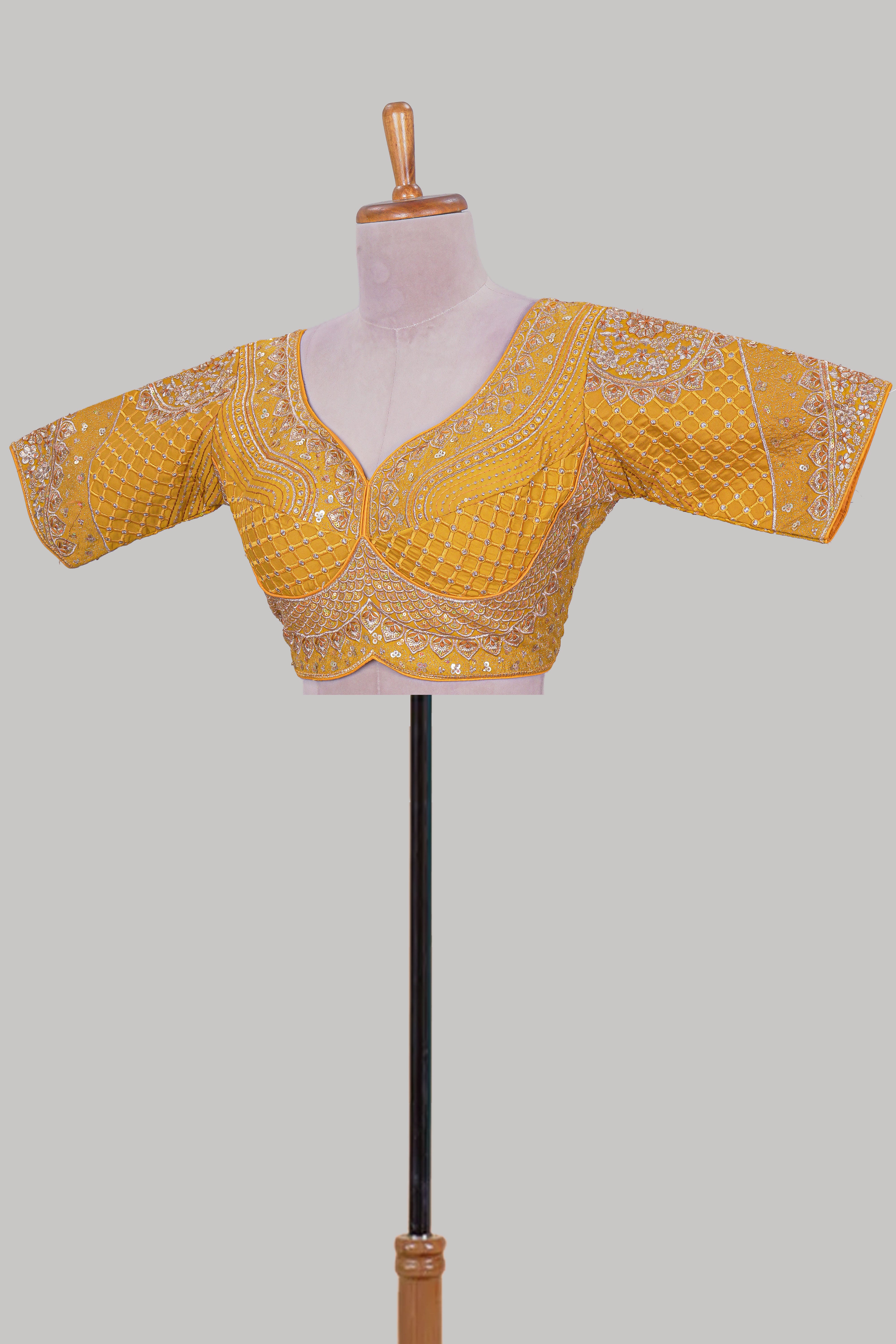 Yellow chamki embroidery work readymade designer blouse, half sleeve V neck with back tassels