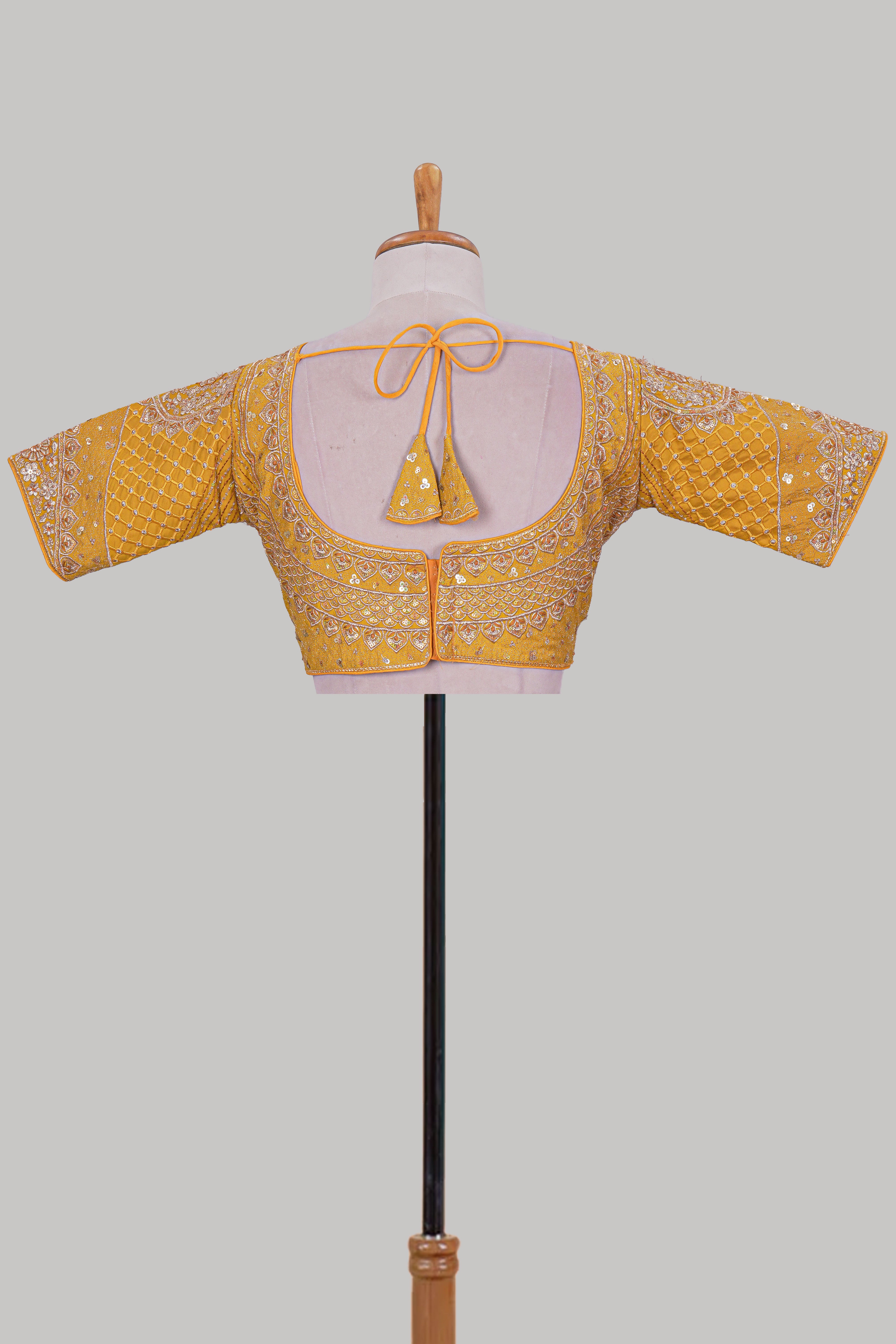 Yellow chamki embroidery work readymade designer blouse, half sleeve V neck with back tassels