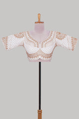 White chamki embroidery work readymade designer blouse, half sleeve V neck with back tassels