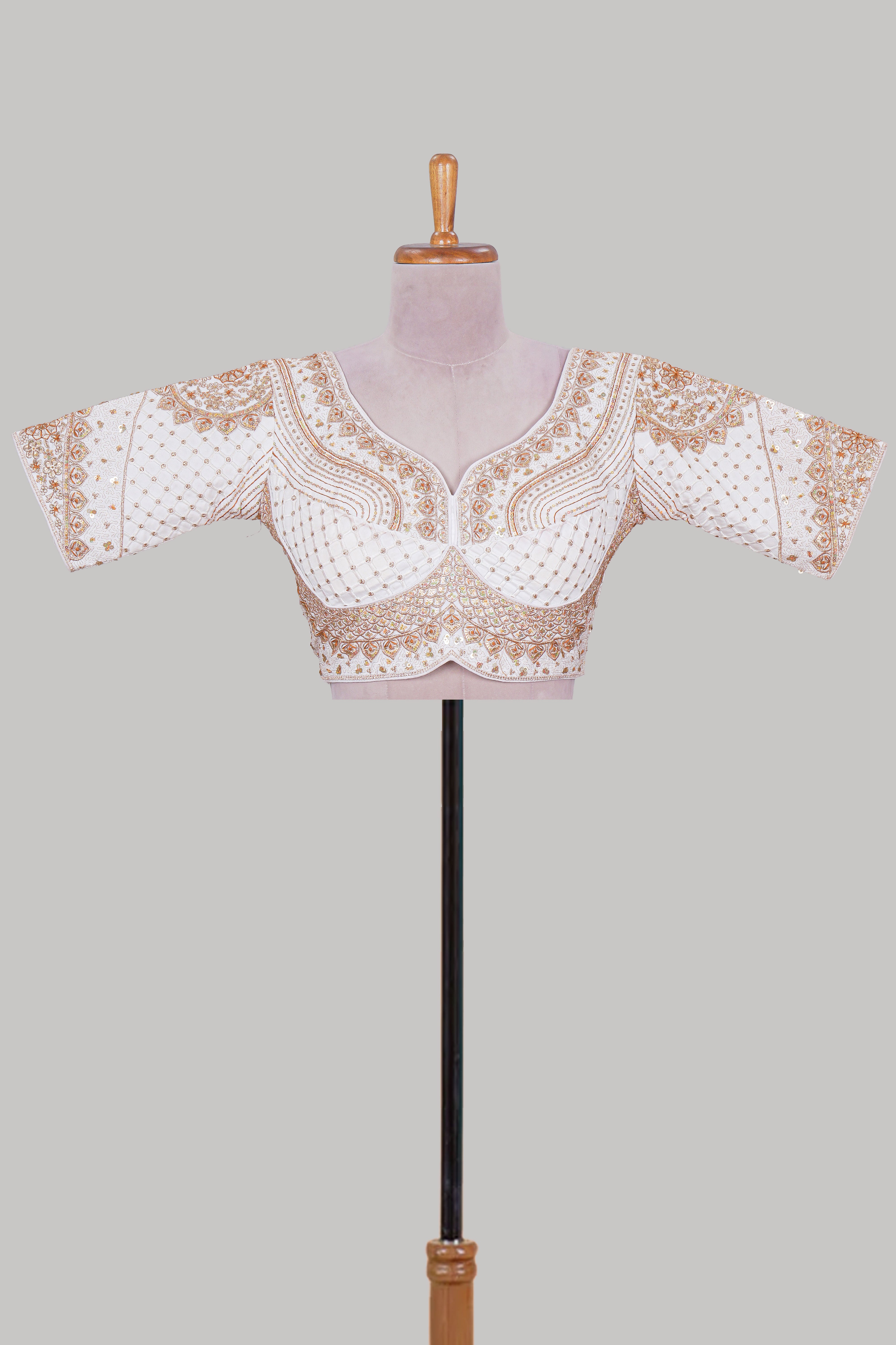 White chamki embroidery work readymade designer blouse, half sleeve V neck with back tassels