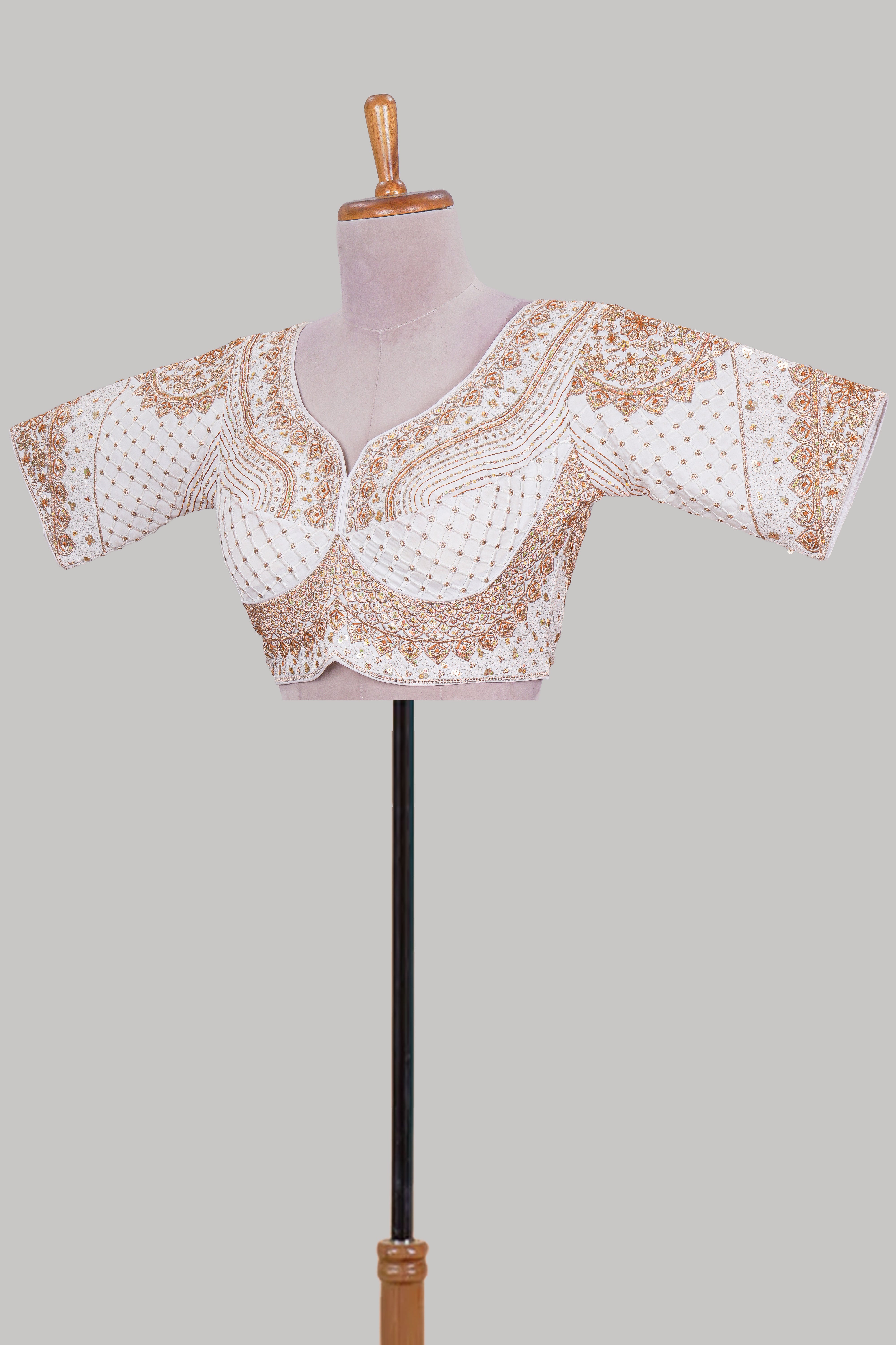 White chamki embroidery work readymade designer blouse, half sleeve V neck with back tassels