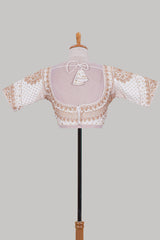White chamki embroidery work readymade designer blouse, half sleeve V neck with back tassels