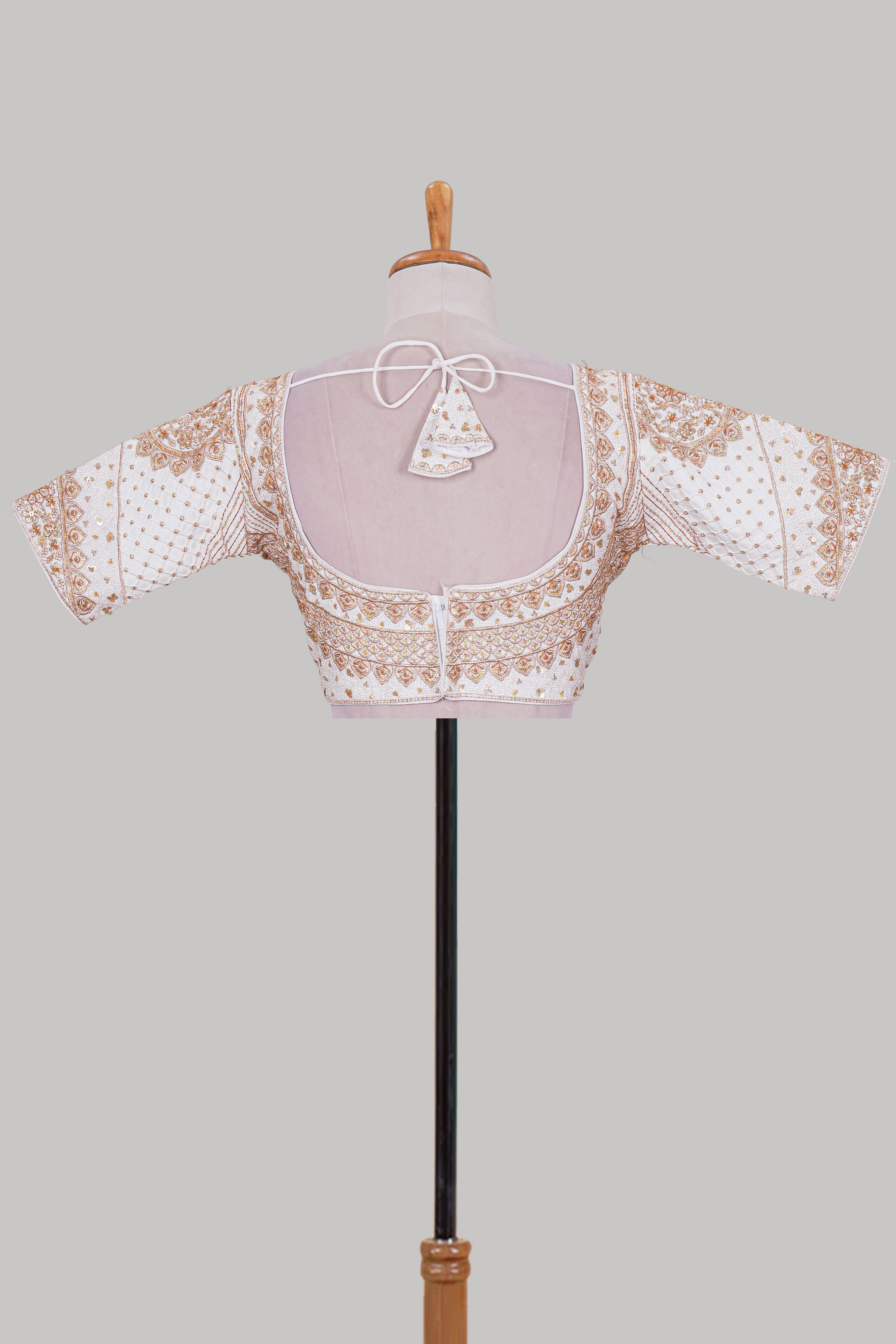 White chamki embroidery work readymade designer blouse, half sleeve V neck with back tassels
