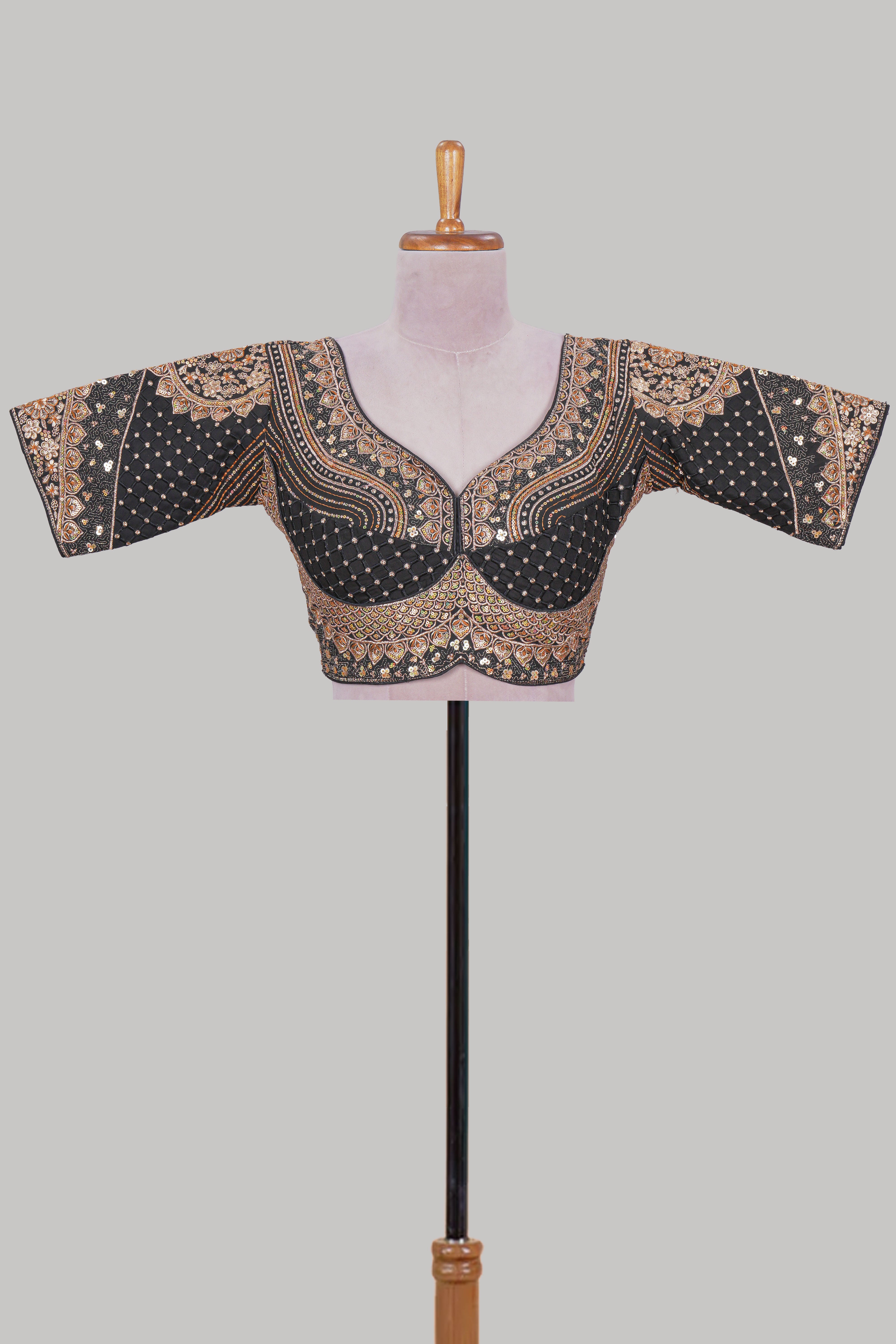 Black chamki embroidery work readymade designer blouse, half sleeve V neck with back tassels
