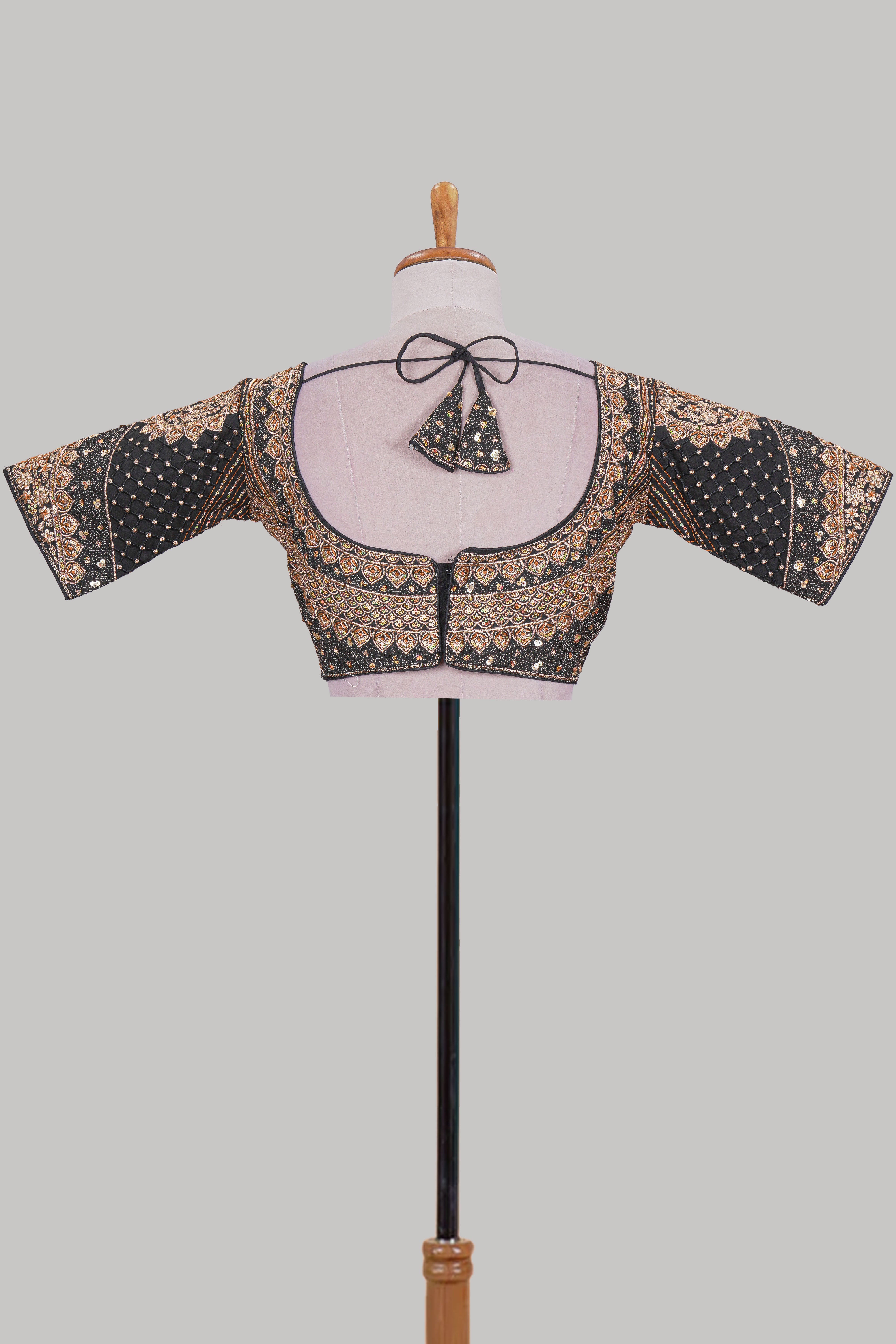 Black chamki embroidery work readymade designer blouse, half sleeve V neck with back tassels