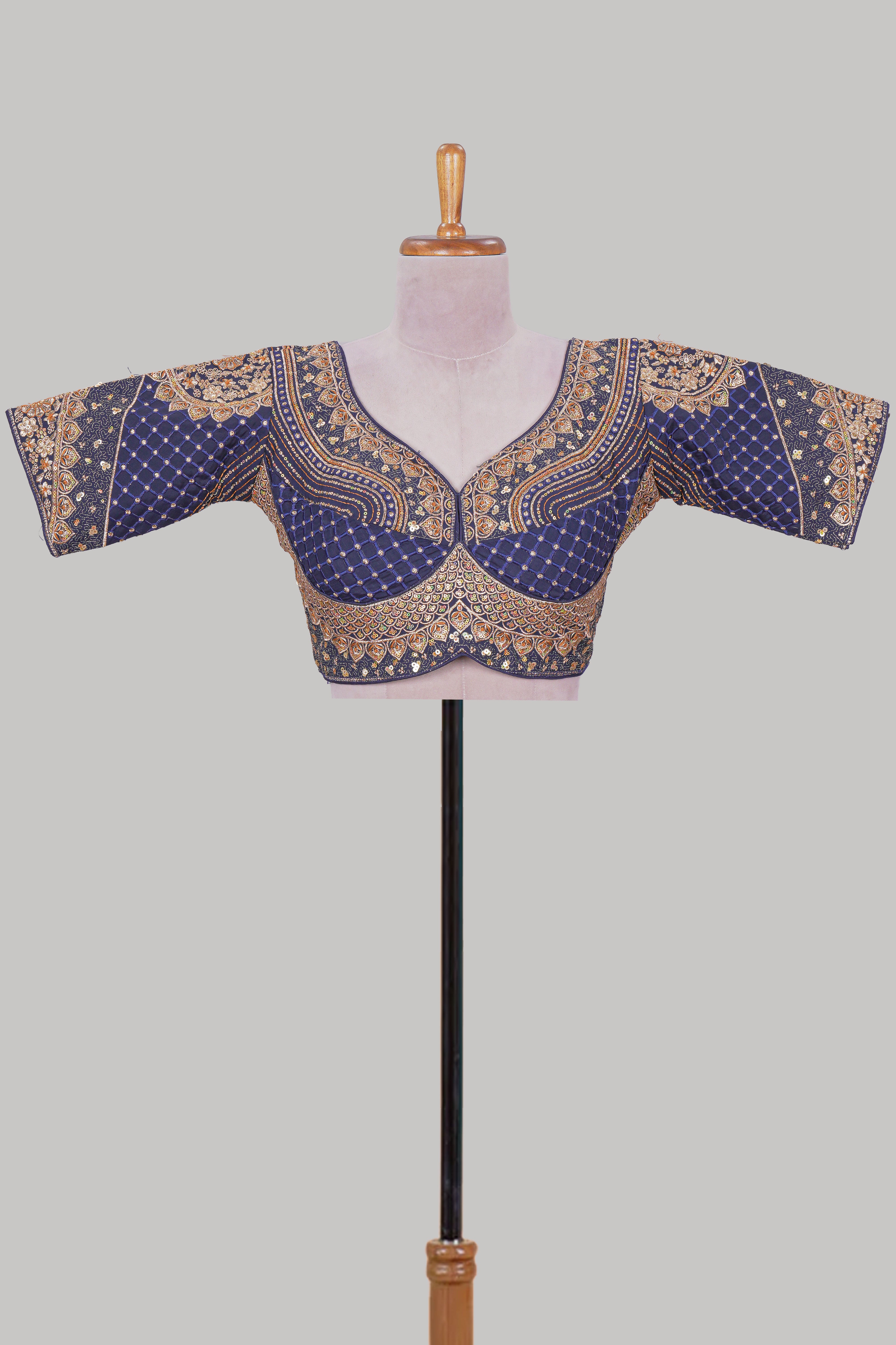 Blue chamki embroidery work readymade designer blouse, half sleeve V neck with back tassels