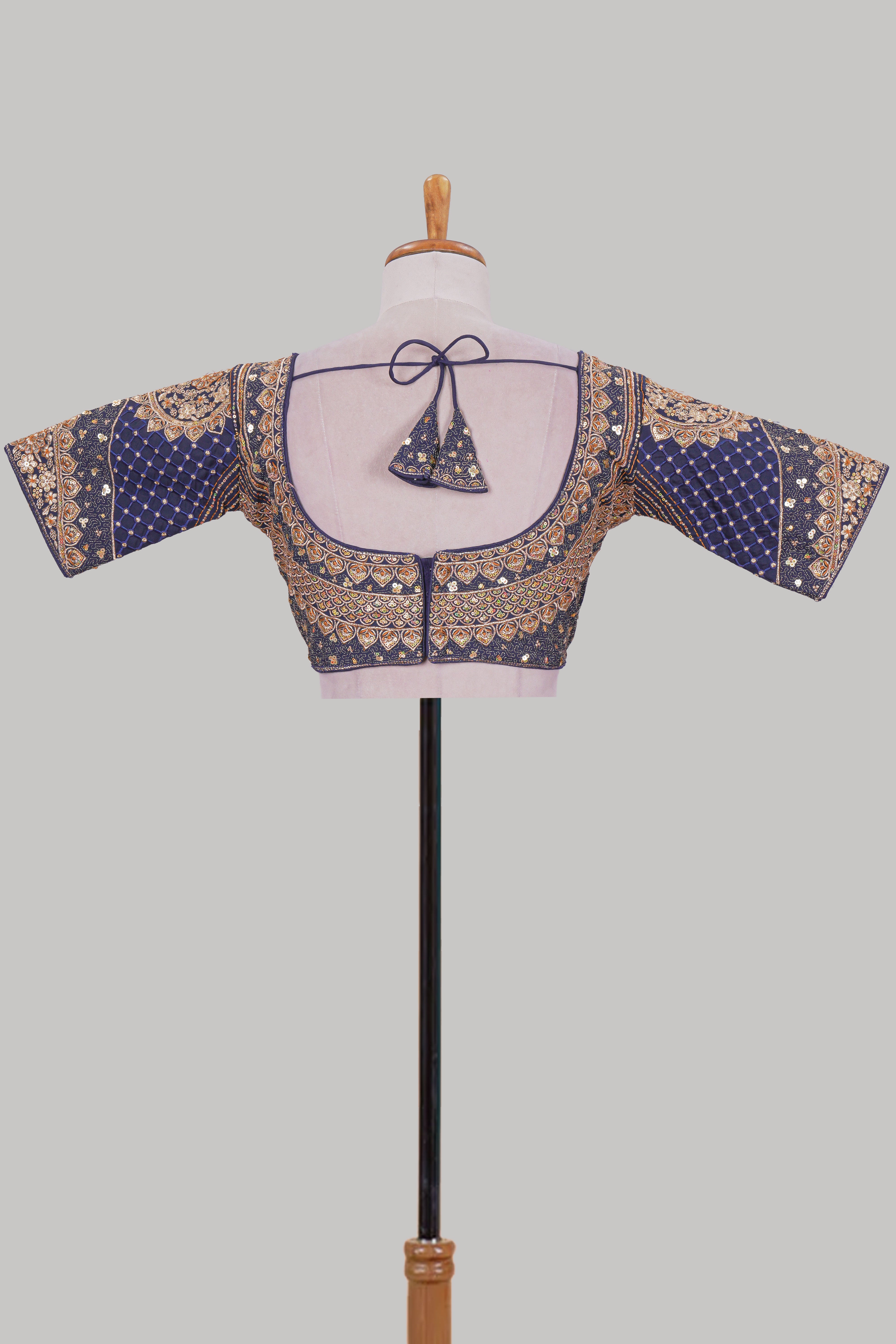 Blue chamki embroidery work readymade designer blouse, half sleeve V neck with back tassels