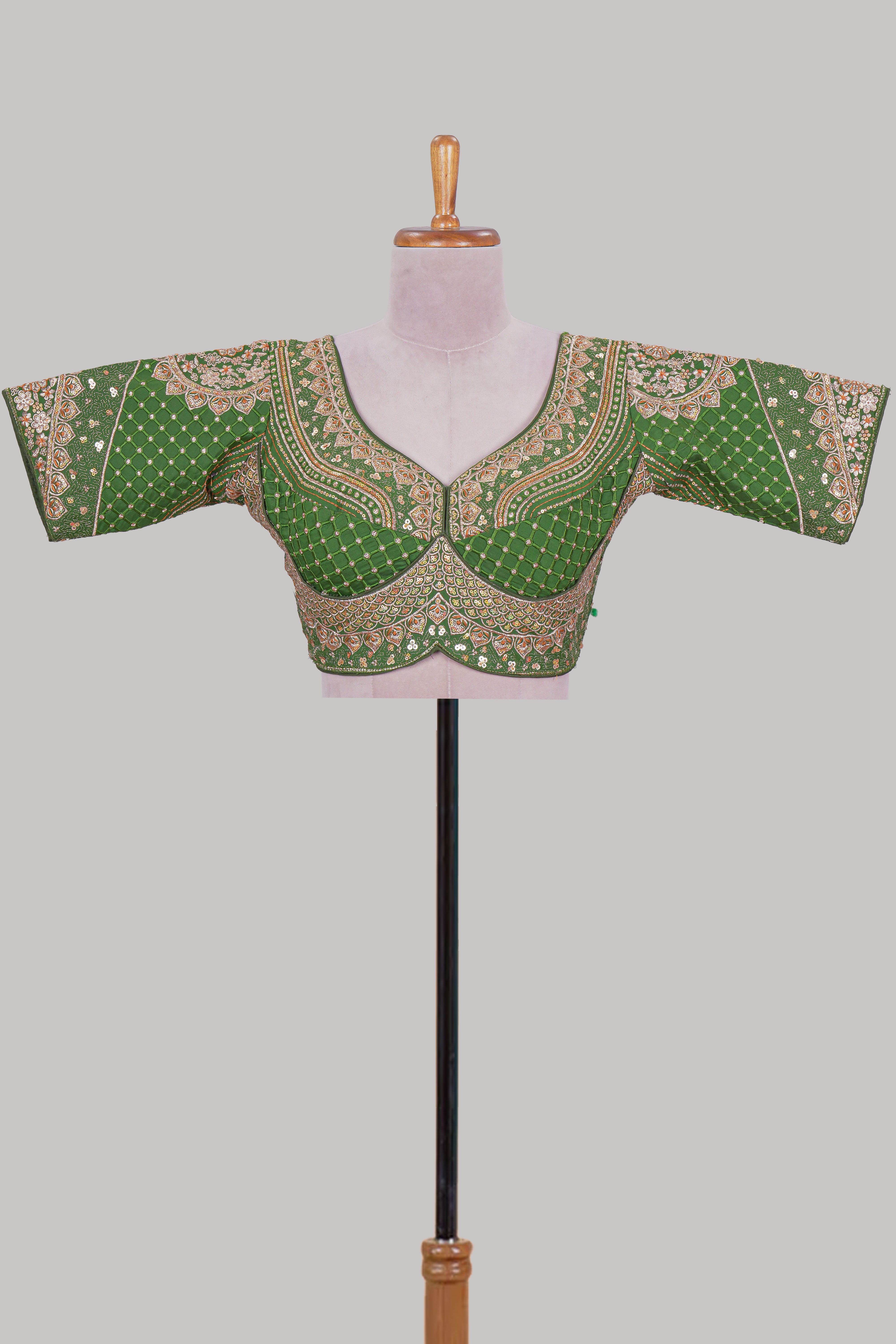 Green chamki embroidery work readymade designer blouse, half sleeve V neck with back tassels