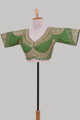 Green chamki embroidery work readymade designer blouse, half sleeve V neck with back tassels