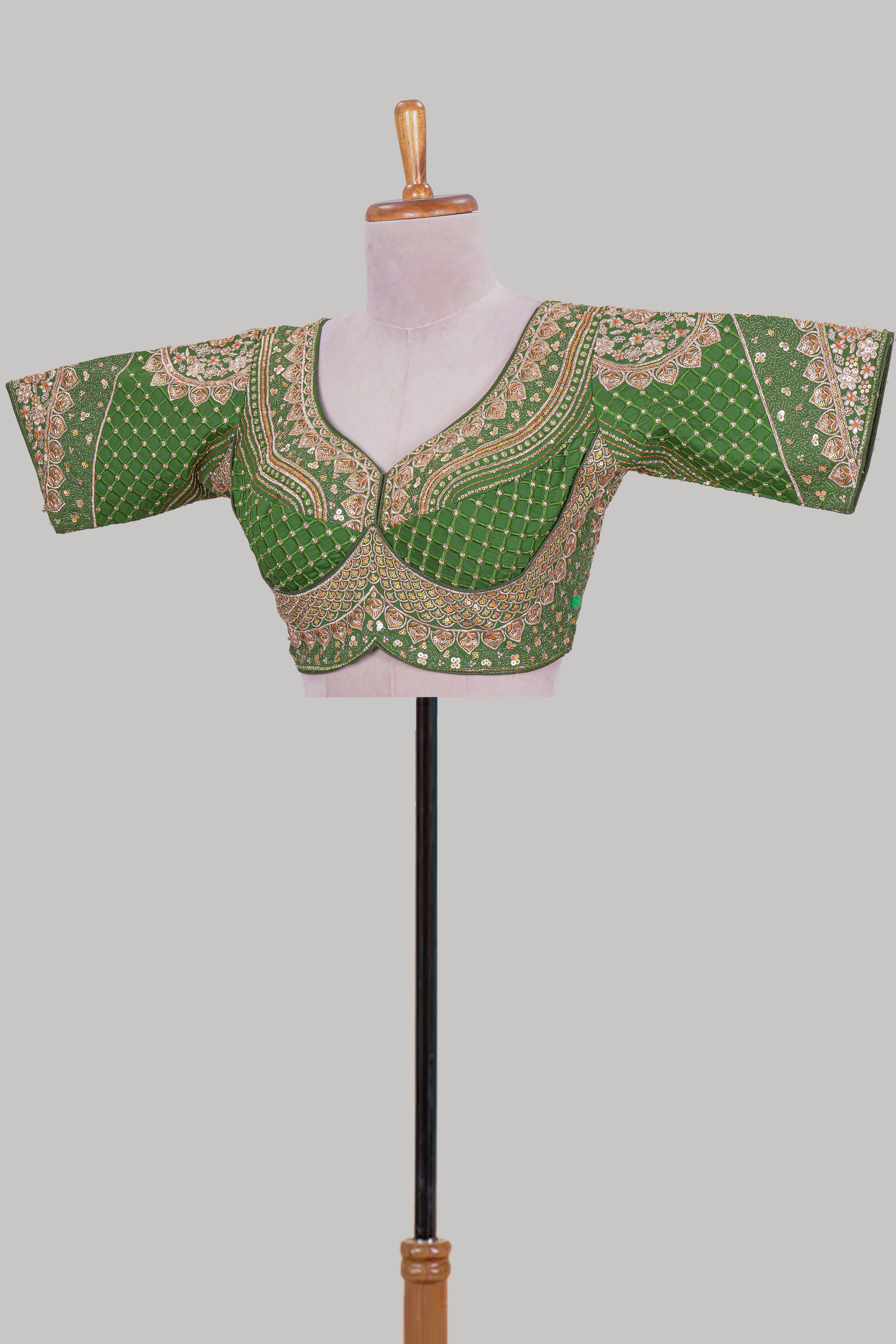 Green chamki embroidery work readymade designer blouse, half sleeve V neck with back tassels