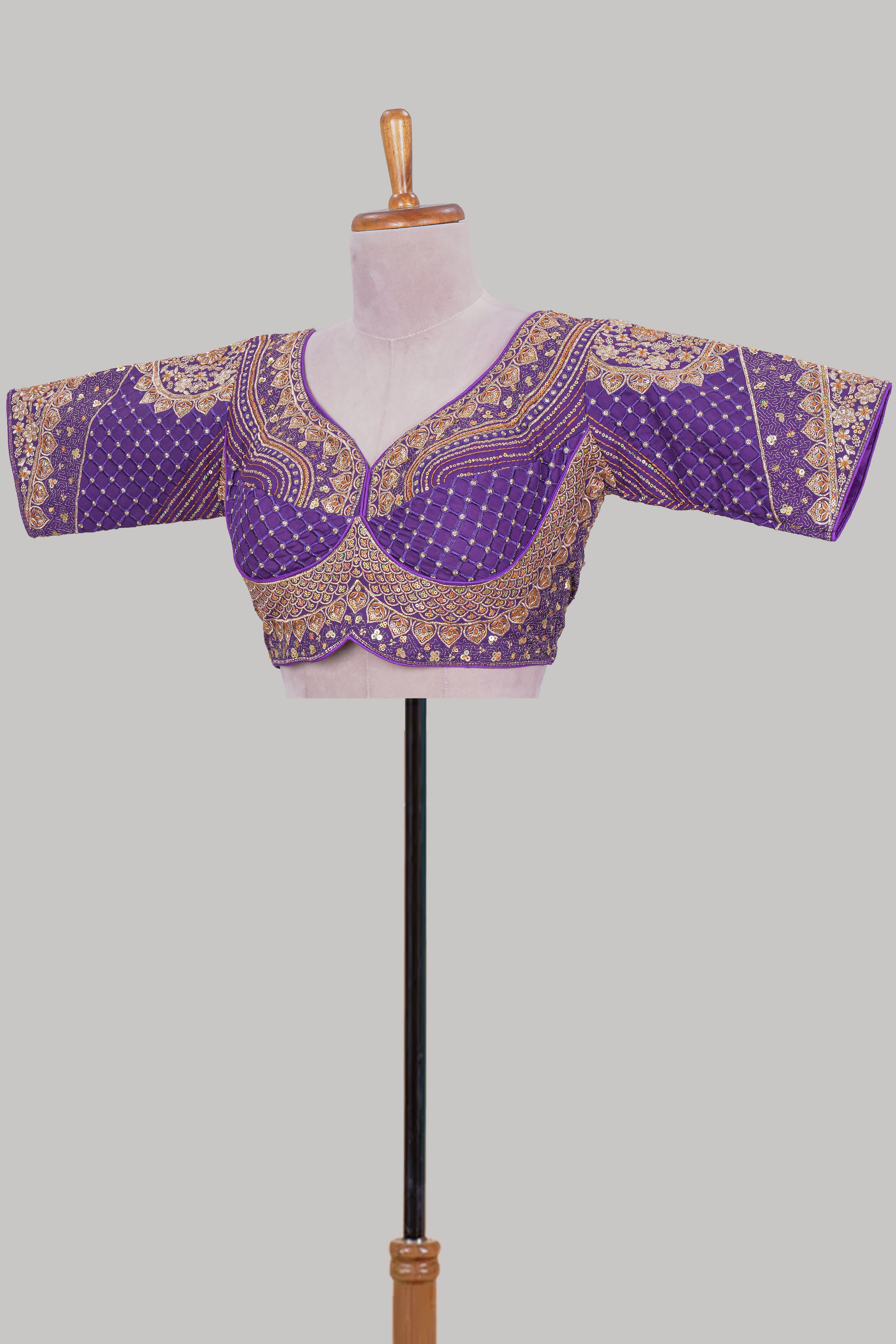 Violet chamki embroidery work readymade designer blouse, half sleeve V neck with back tassels