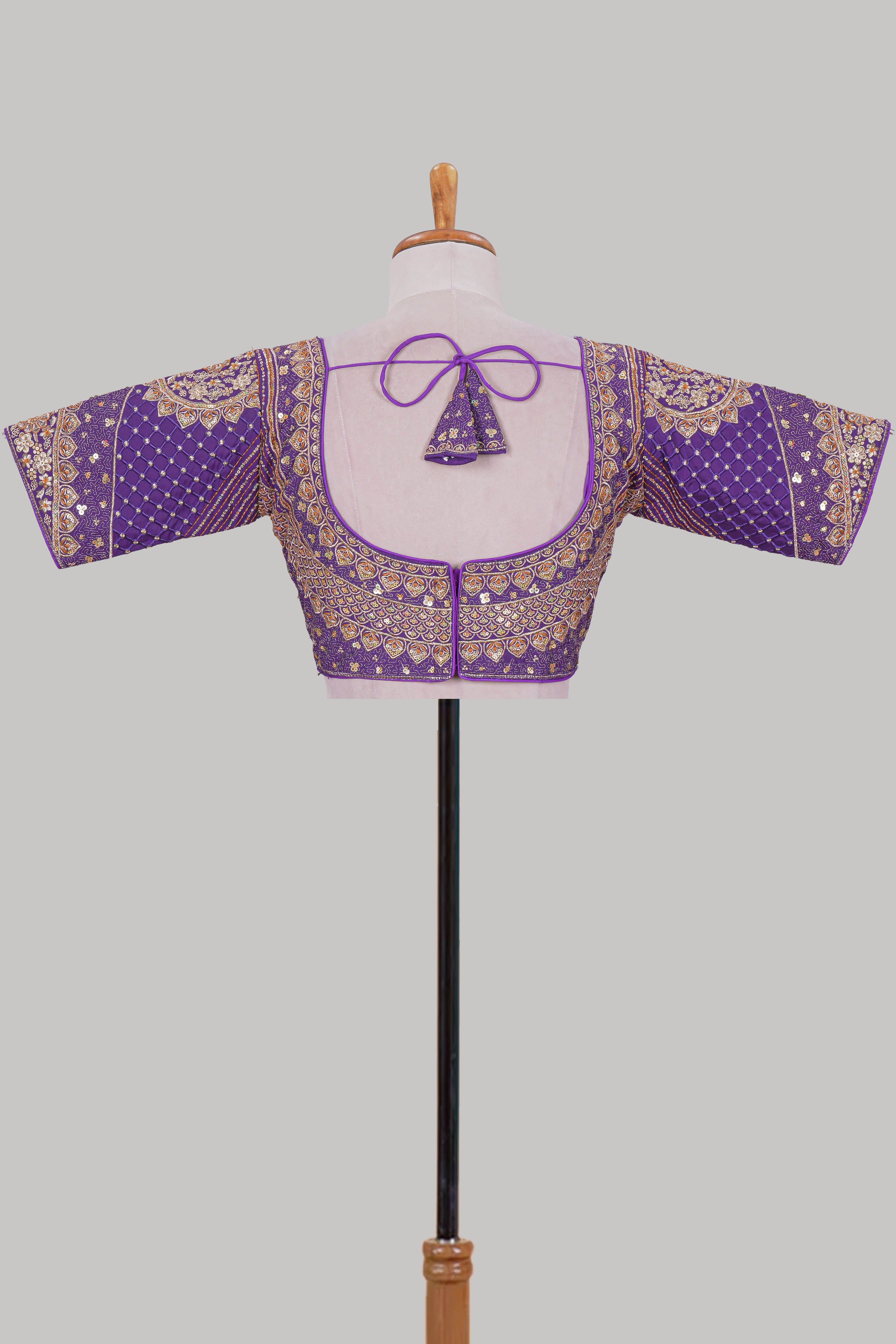 Violet chamki embroidery work readymade designer blouse, half sleeve V neck with back tassels