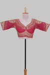 Red chamki embroidery work readymade designer blouse, half sleeve V neck with back tassels