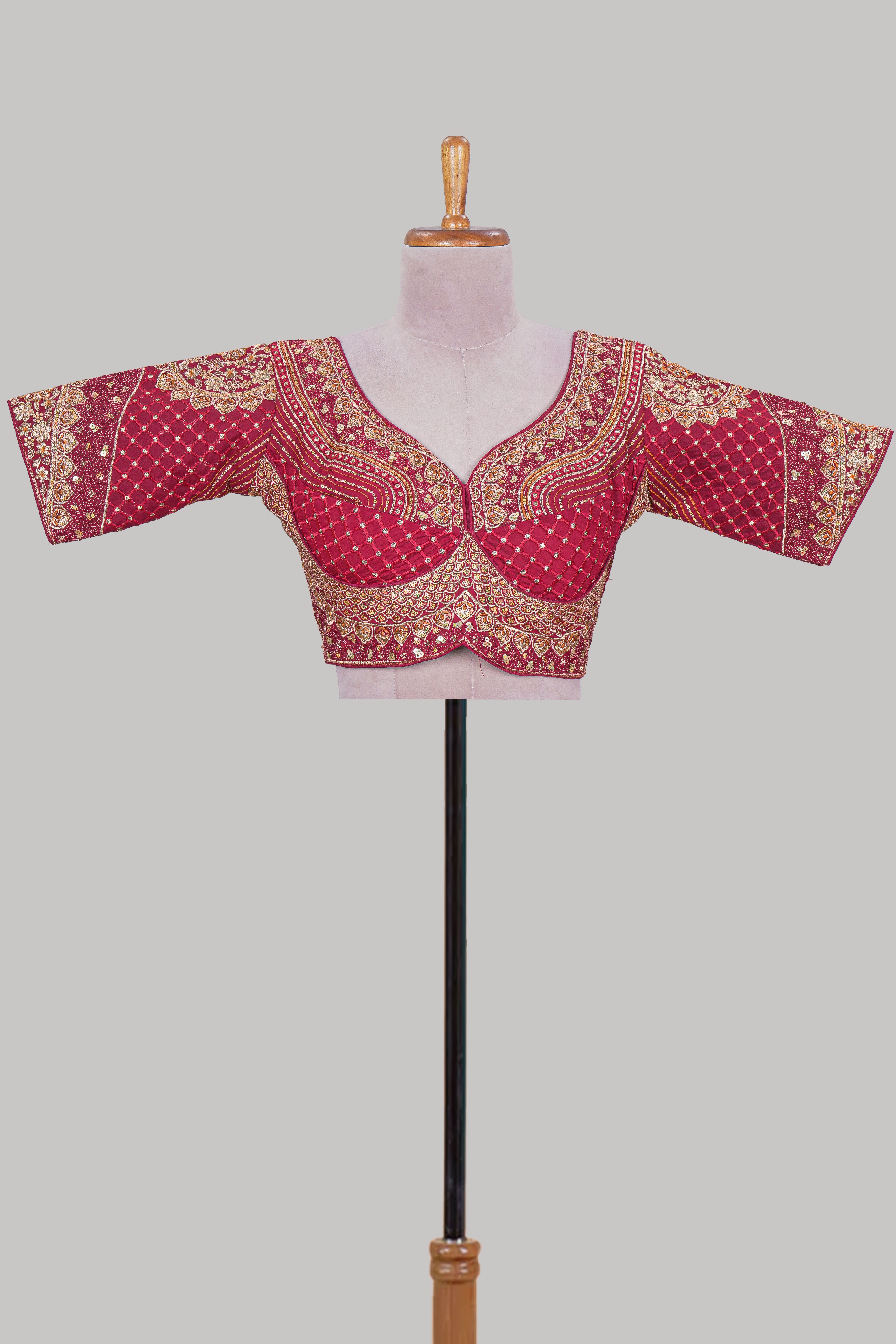 Red chamki embroidery work readymade designer blouse, half sleeve V neck with back tassels