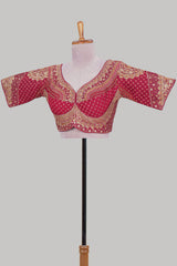Red chamki embroidery work readymade designer blouse, half sleeve V neck with back tassels
