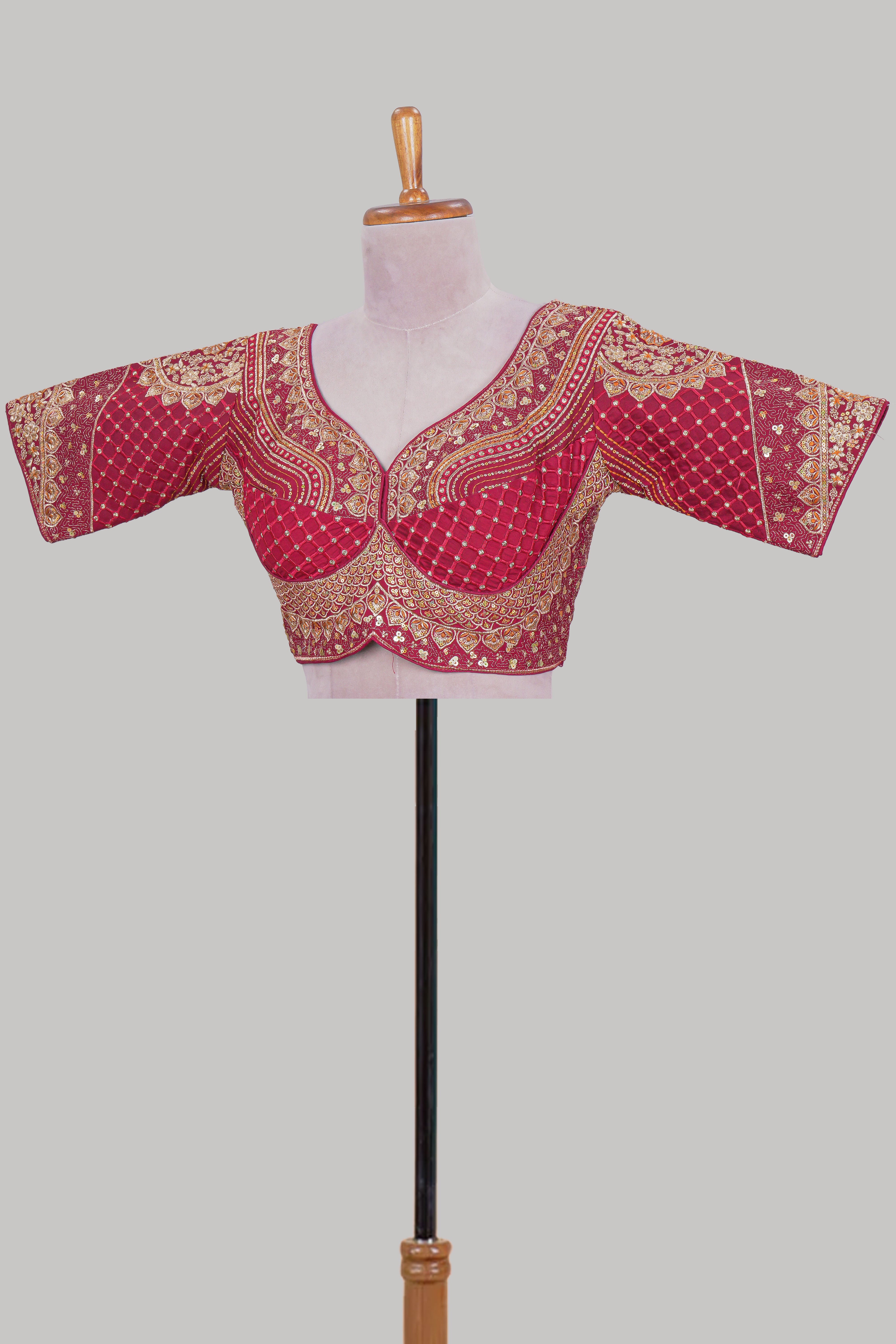 Red chamki embroidery work readymade designer blouse, half sleeve V neck with back tassels