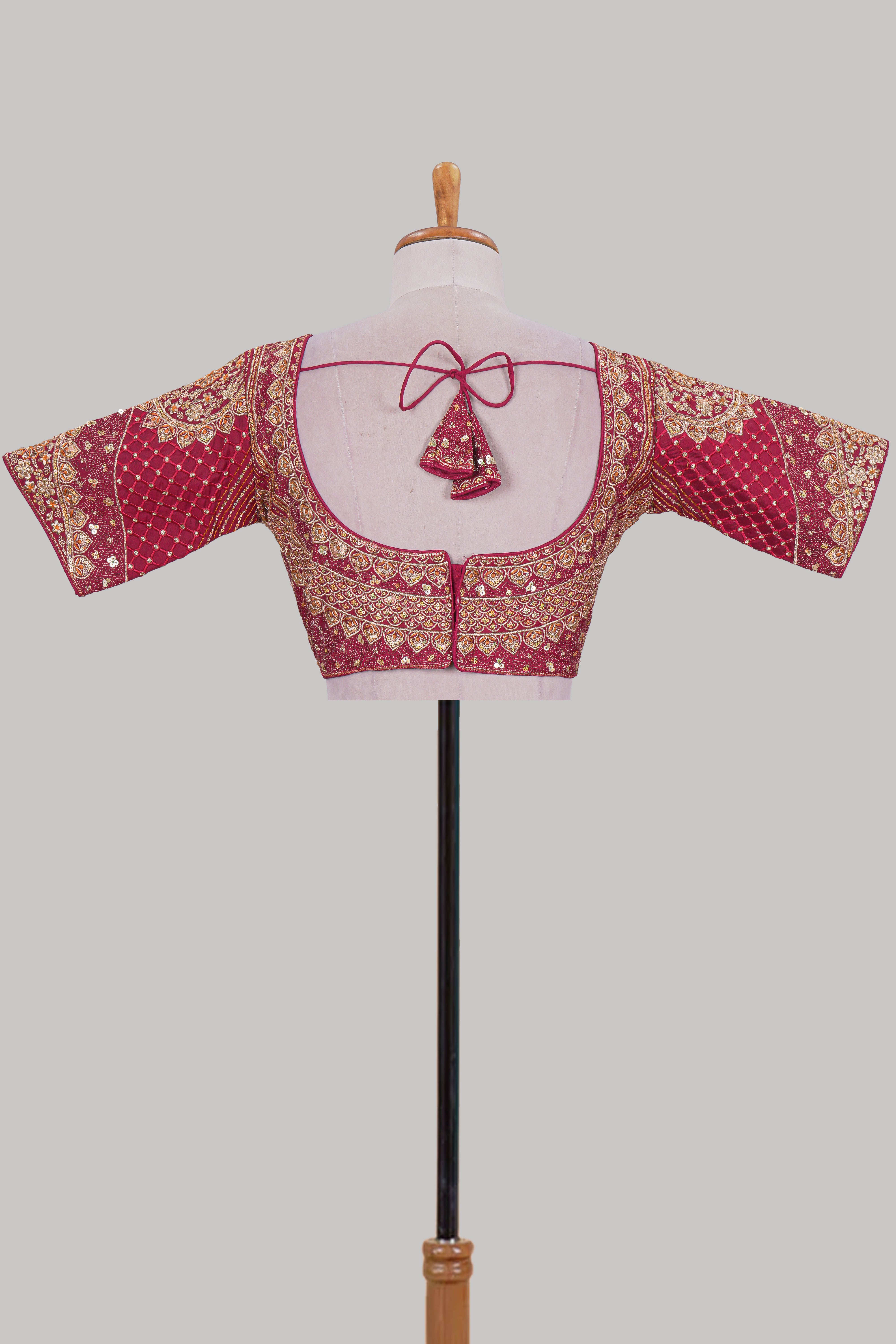 Red chamki embroidery work readymade designer blouse, half sleeve V neck with back tassels