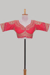 Pink chamki embroidery work readymade designer blouse, half sleeve V neck with back tassels