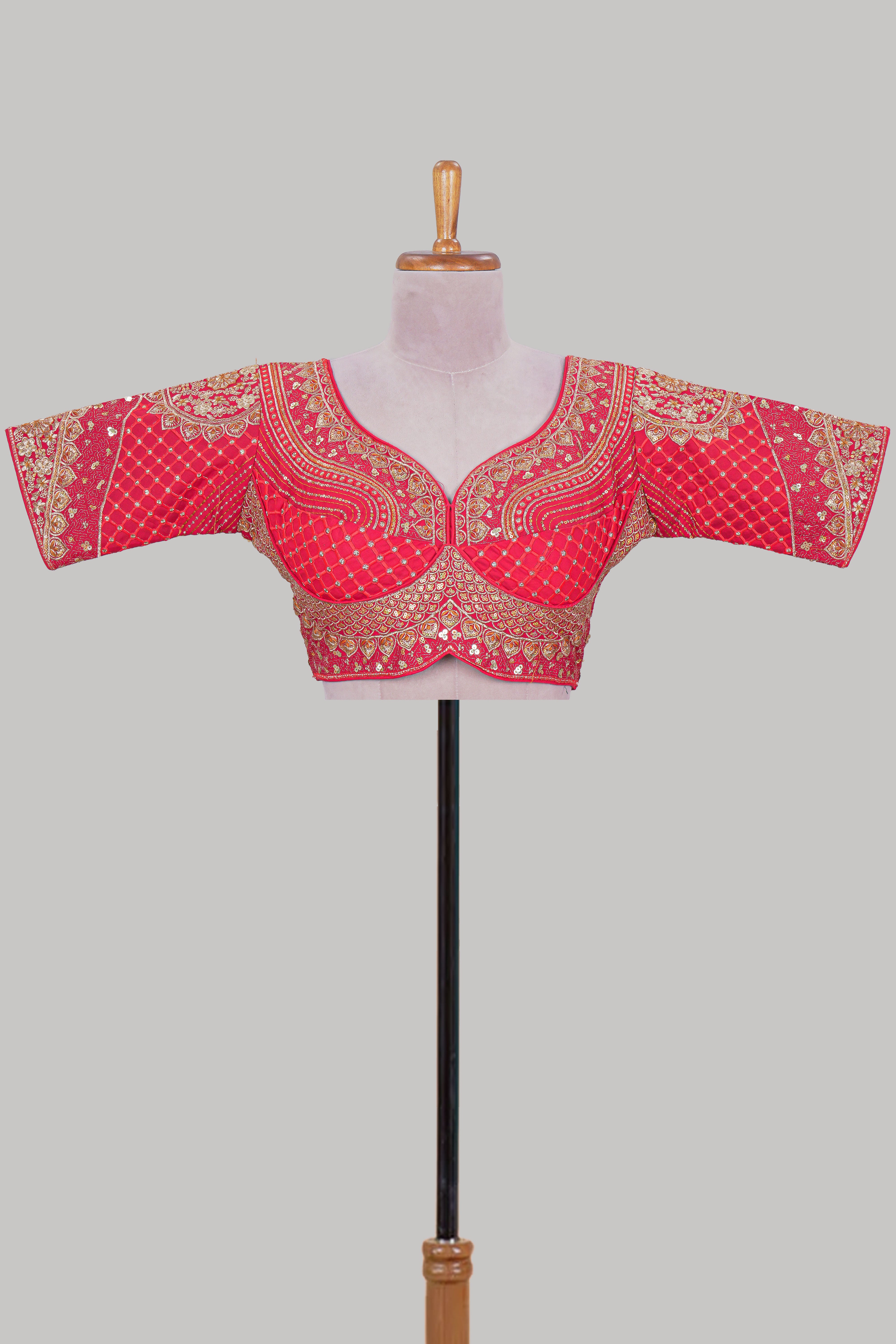 Pink chamki embroidery work readymade designer blouse, half sleeve V neck with back tassels