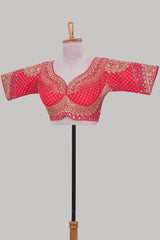 Pink chamki embroidery work readymade designer blouse, half sleeve V neck with back tassels