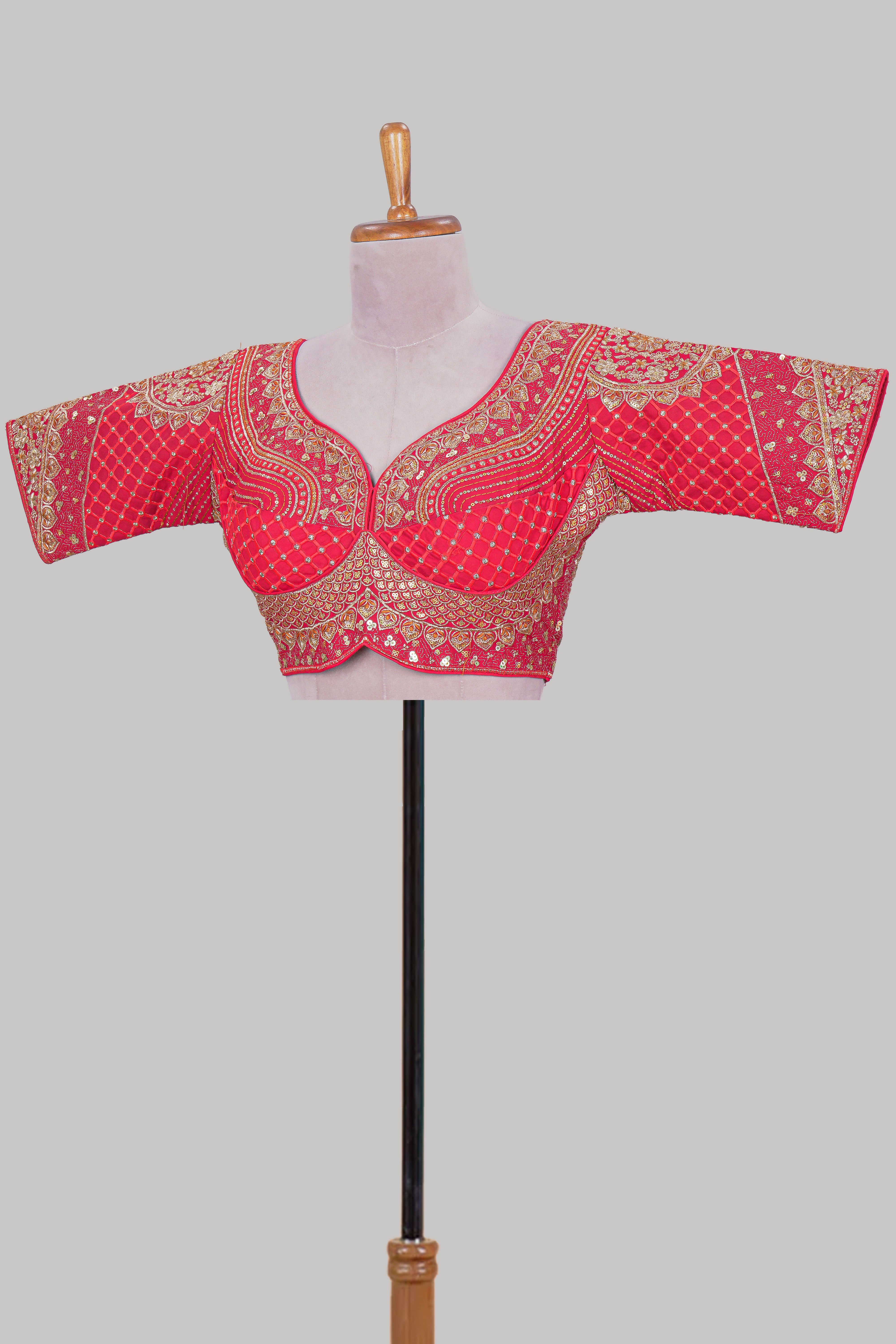 Pink chamki embroidery work readymade designer blouse, half sleeve V neck with back tassels