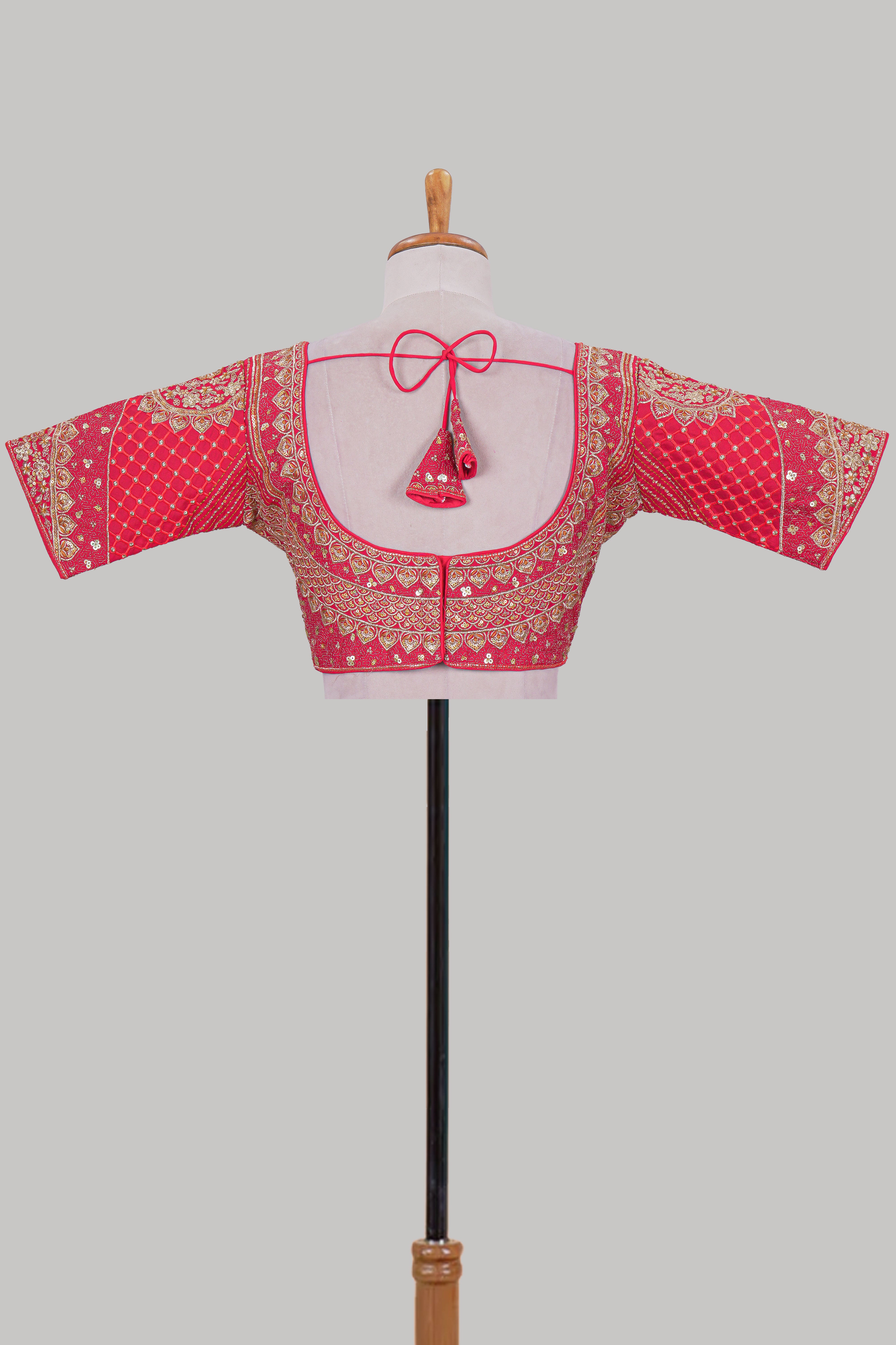 Pink chamki embroidery work readymade designer blouse, half sleeve V neck with back tassels