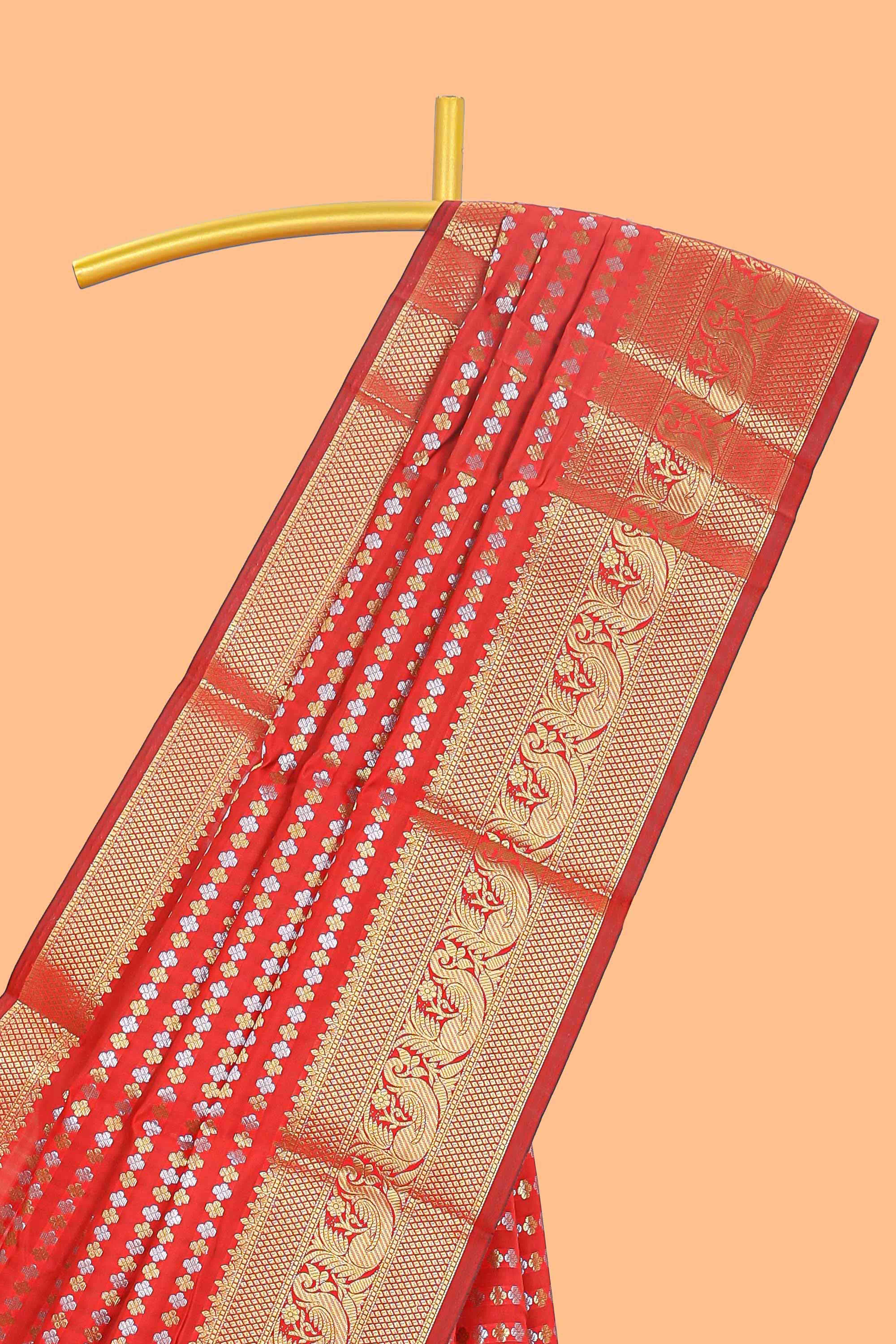 Red zari buttas raw silk saree with self zari border and matching blouse