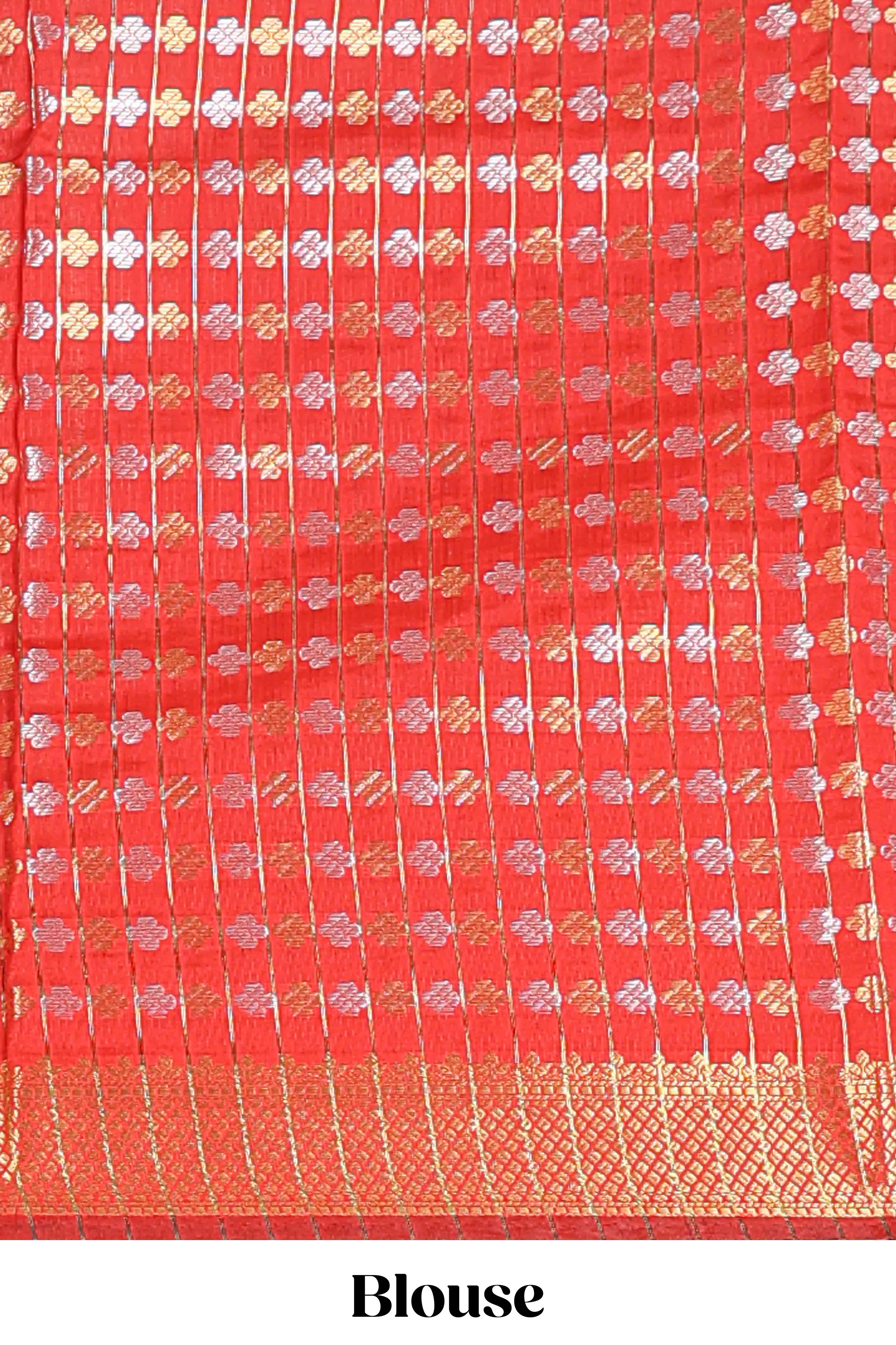 Red zari buttas raw silk saree with self zari border and matching blouse