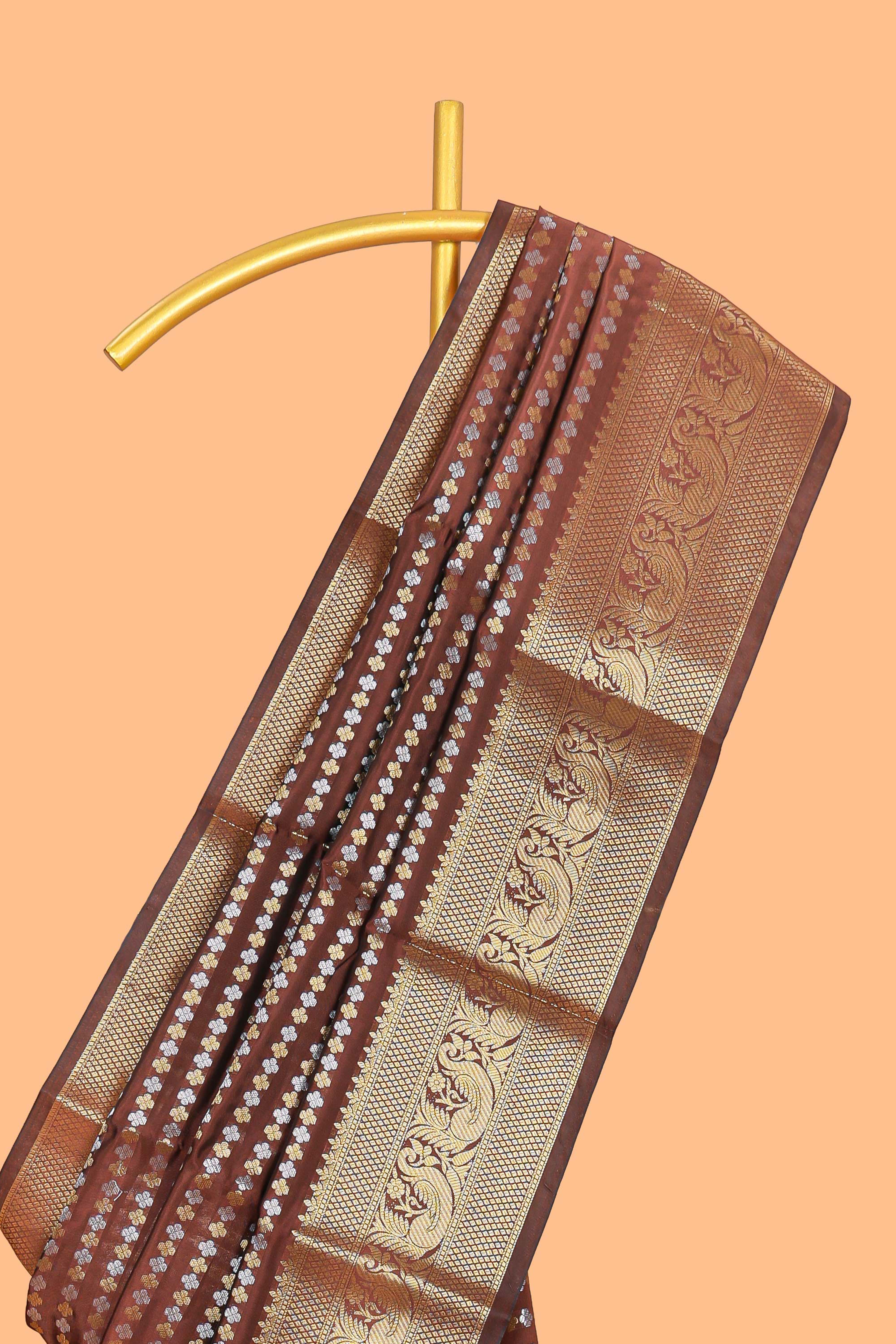 Brown zari buttas raw silk saree with self zari border and matching blouse