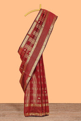 Red zari checks and buttas raw silk saree with self zari border and matching blouse