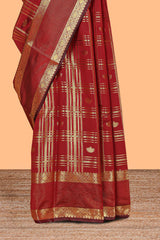 Red zari checks and buttas raw silk saree with self zari border and matching blouse