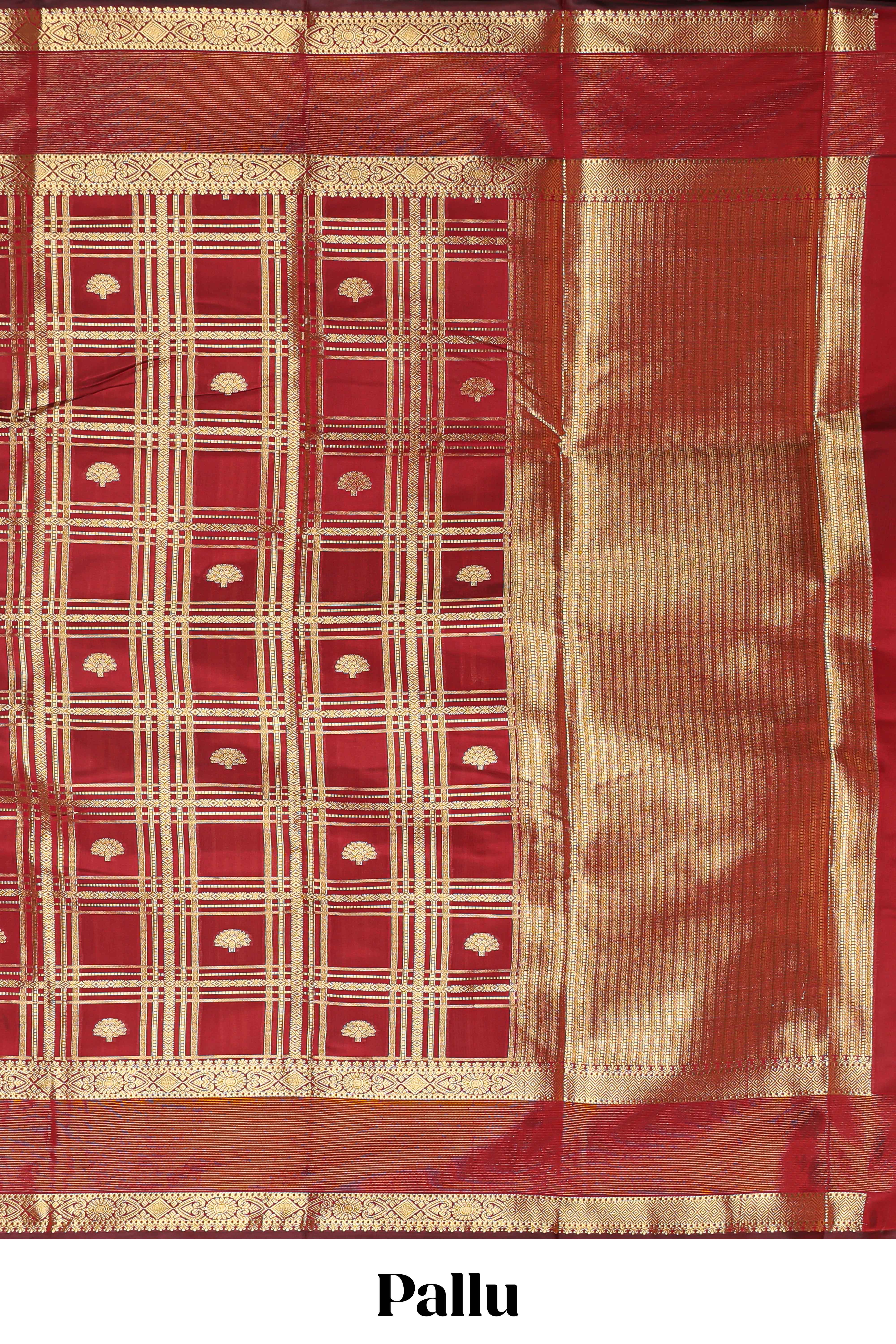 Red zari checks and buttas raw silk saree with self zari border and matching blouse