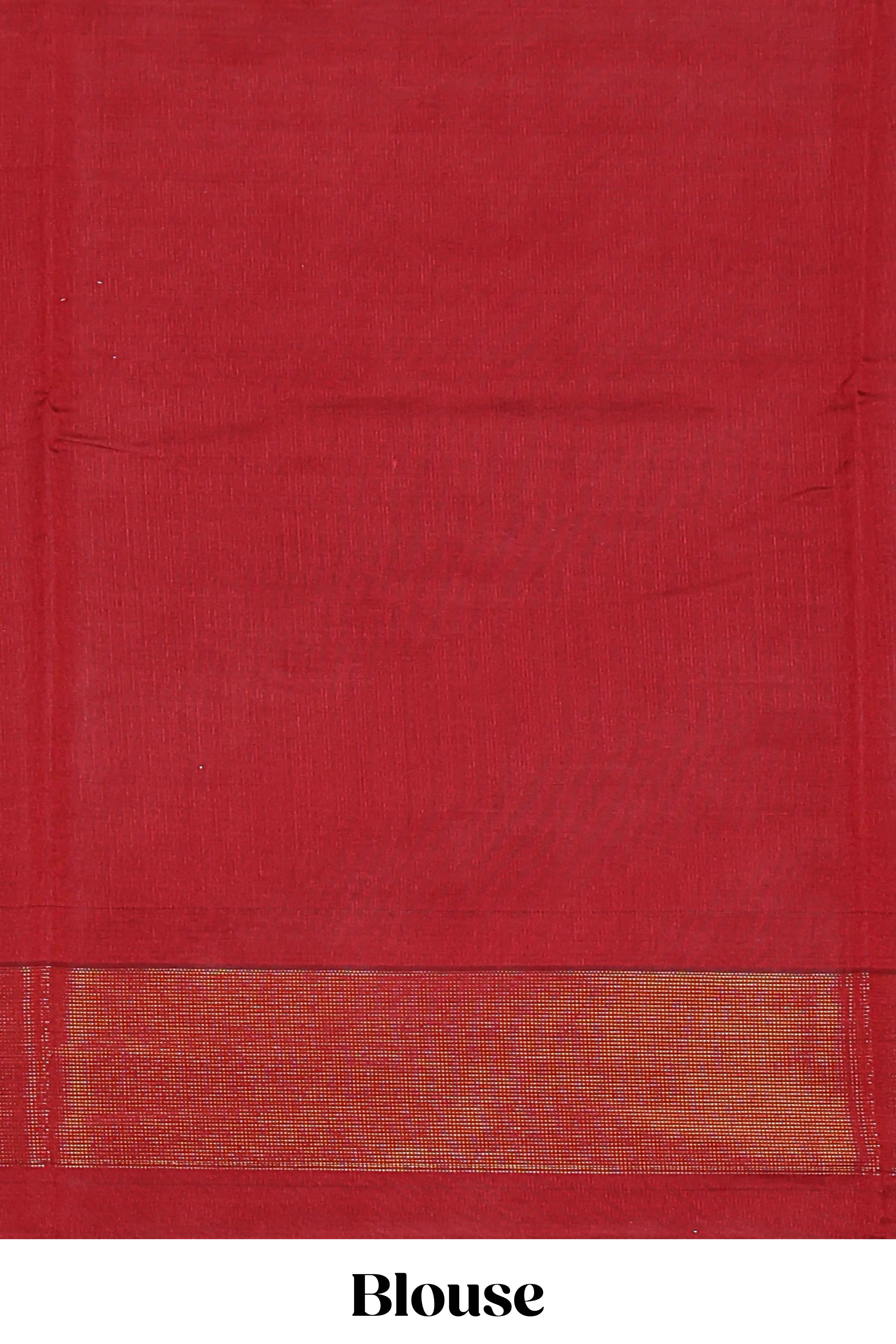 Red zari checks and buttas raw silk saree with self zari border and matching blouse