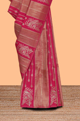 Borderless pink striped and peacock zari design raw silk saree with self zari pallu and matching blouse