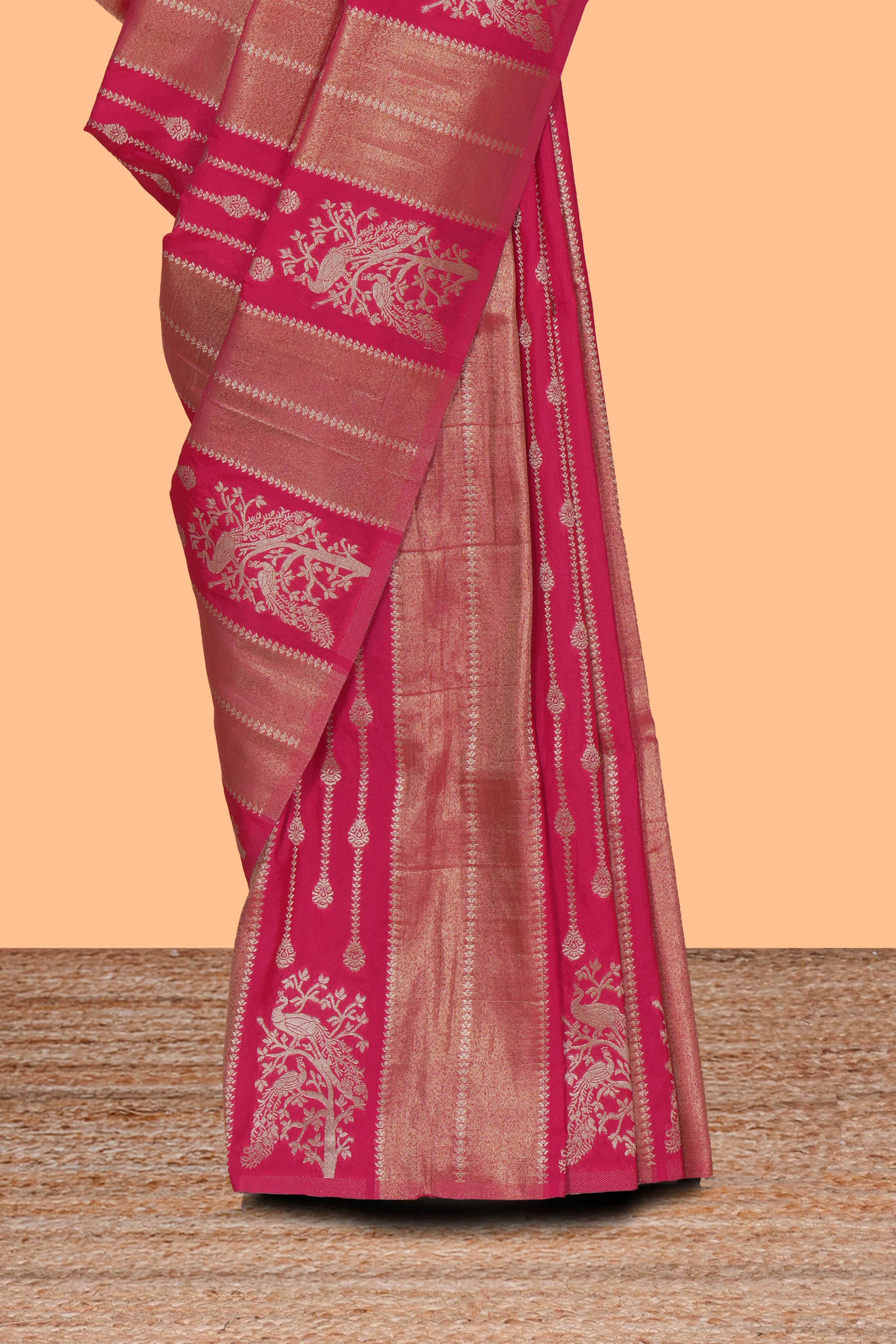 Borderless pink striped and peacock zari design raw silk saree with self zari pallu and matching blouse