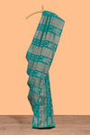 Borderless green striped and peacock zari design raw silk saree with self zari pallu and matching blouse