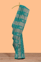 Borderless green striped and peacock zari design raw silk saree with self zari pallu and matching blouse