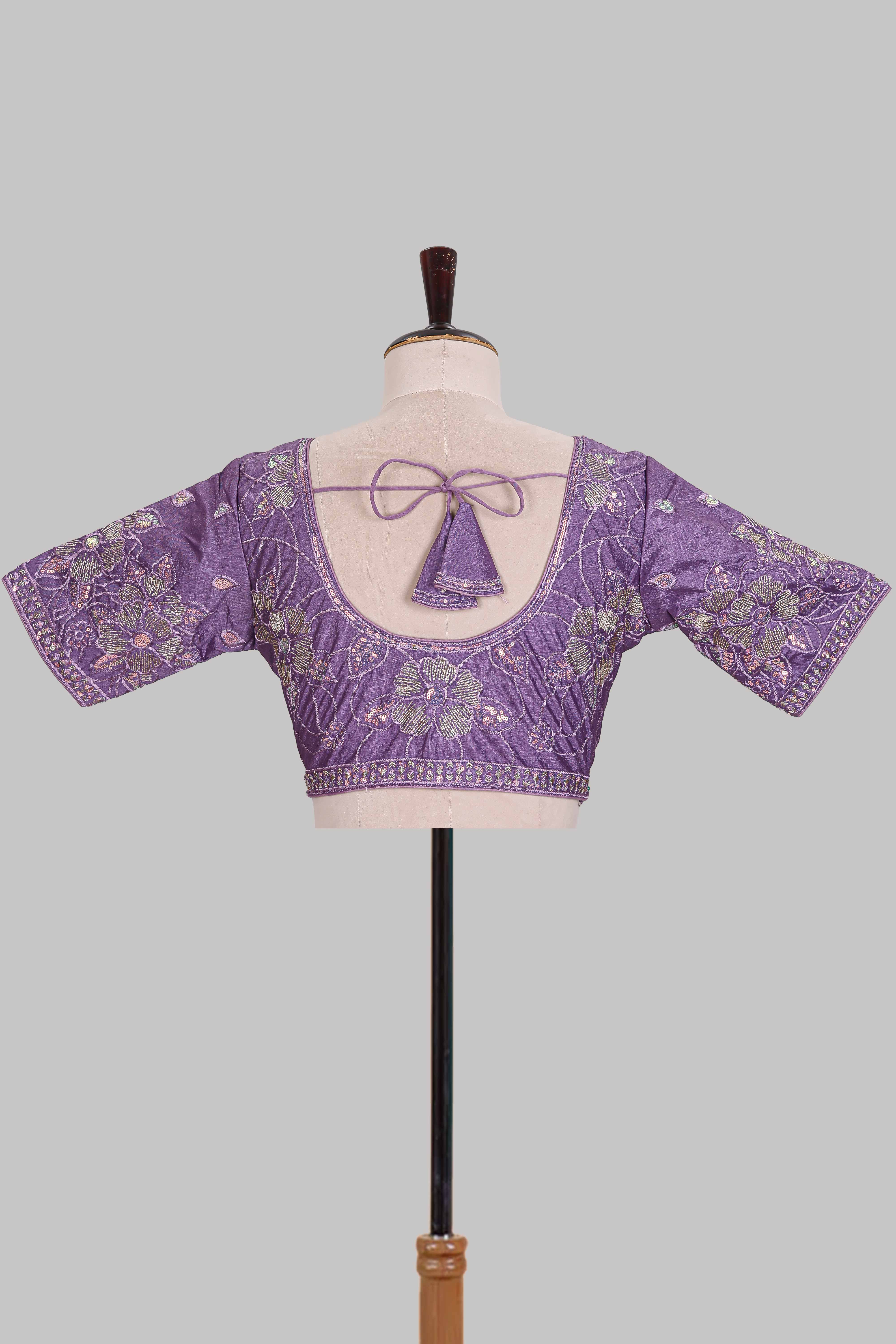 Lavender floral butta design embroidery work readymade designer blouse, sleeveless sweatheart neck with back tassels