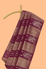 Borderless maroon striped and peacock zari design raw silk saree with self zari pallu and matching blouse