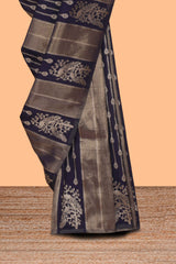 Borderless blue striped and peacock zari design raw silk saree with self zari pallu and matching blouse