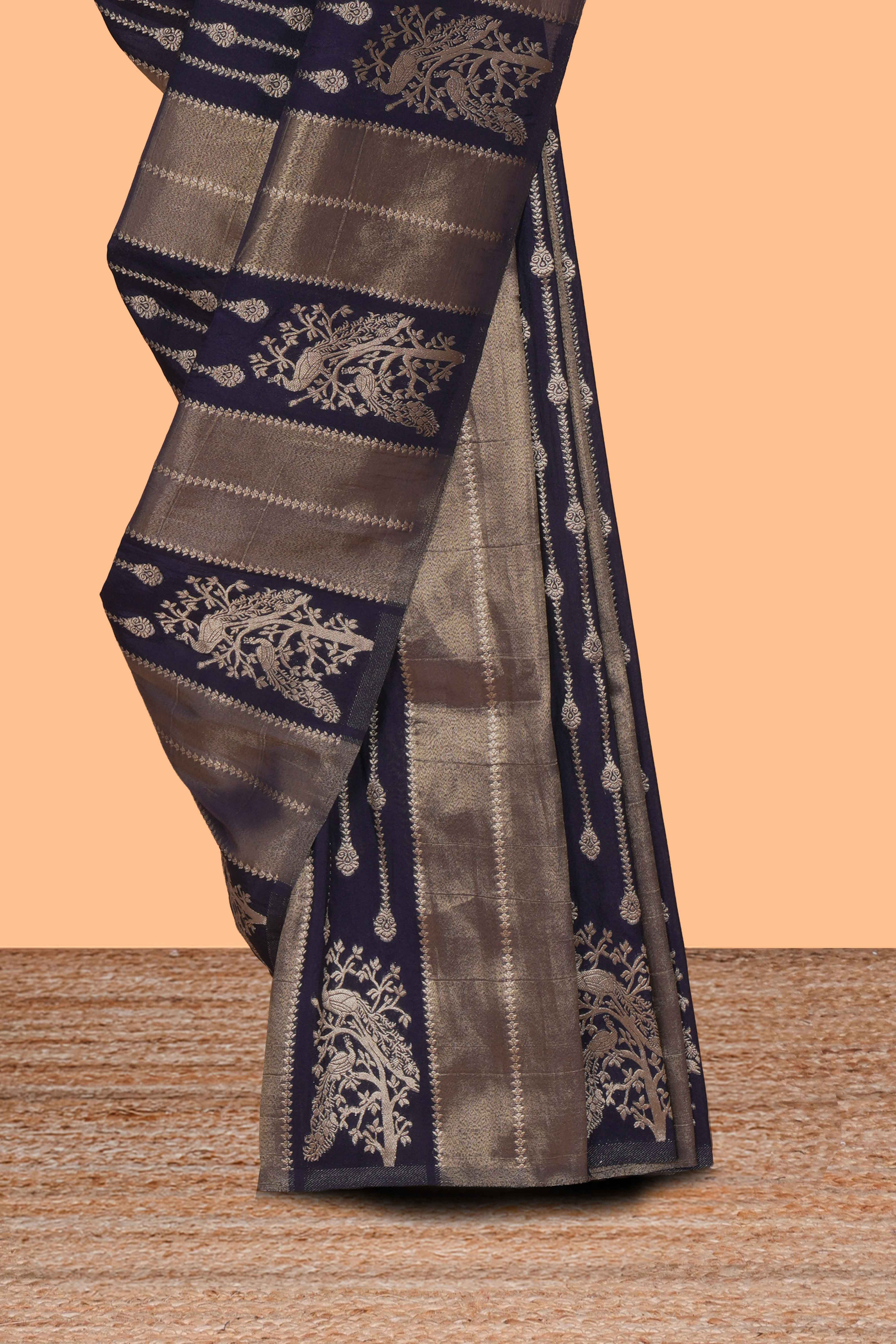 Borderless blue striped and peacock zari design raw silk saree with self zari pallu and matching blouse