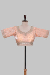 Peach butta chamki embroidery work readymade designer blouse, sleeveless U neck with back tassels