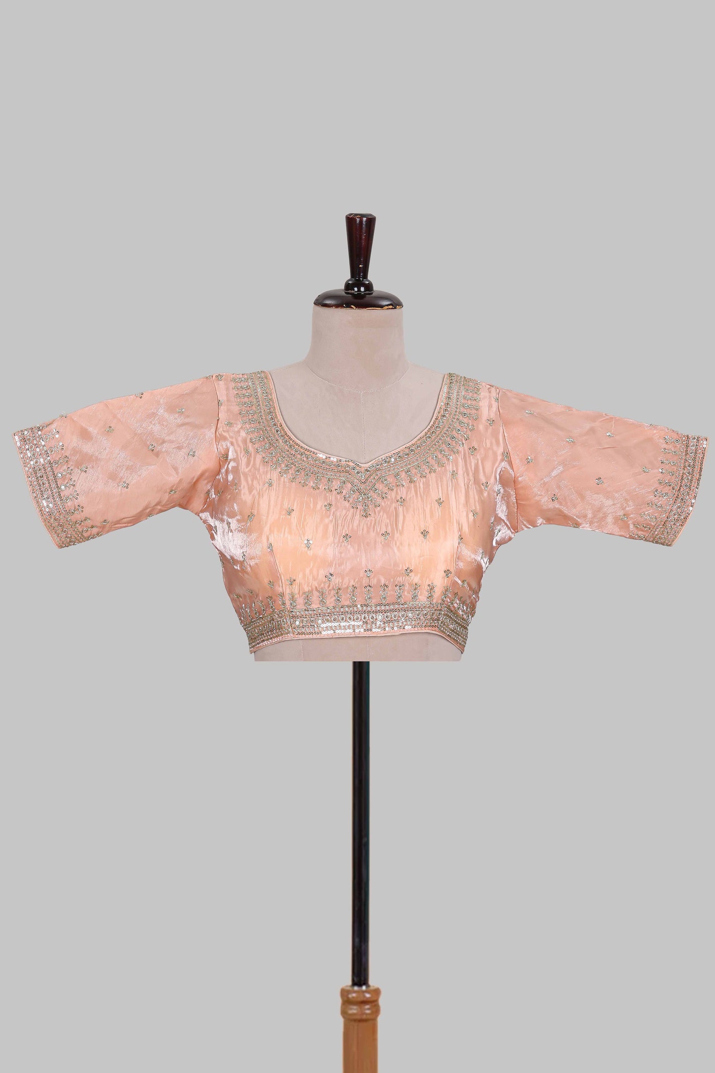 Peach butta chamki embroidery work readymade designer blouse, sleeveless U neck with back tassels