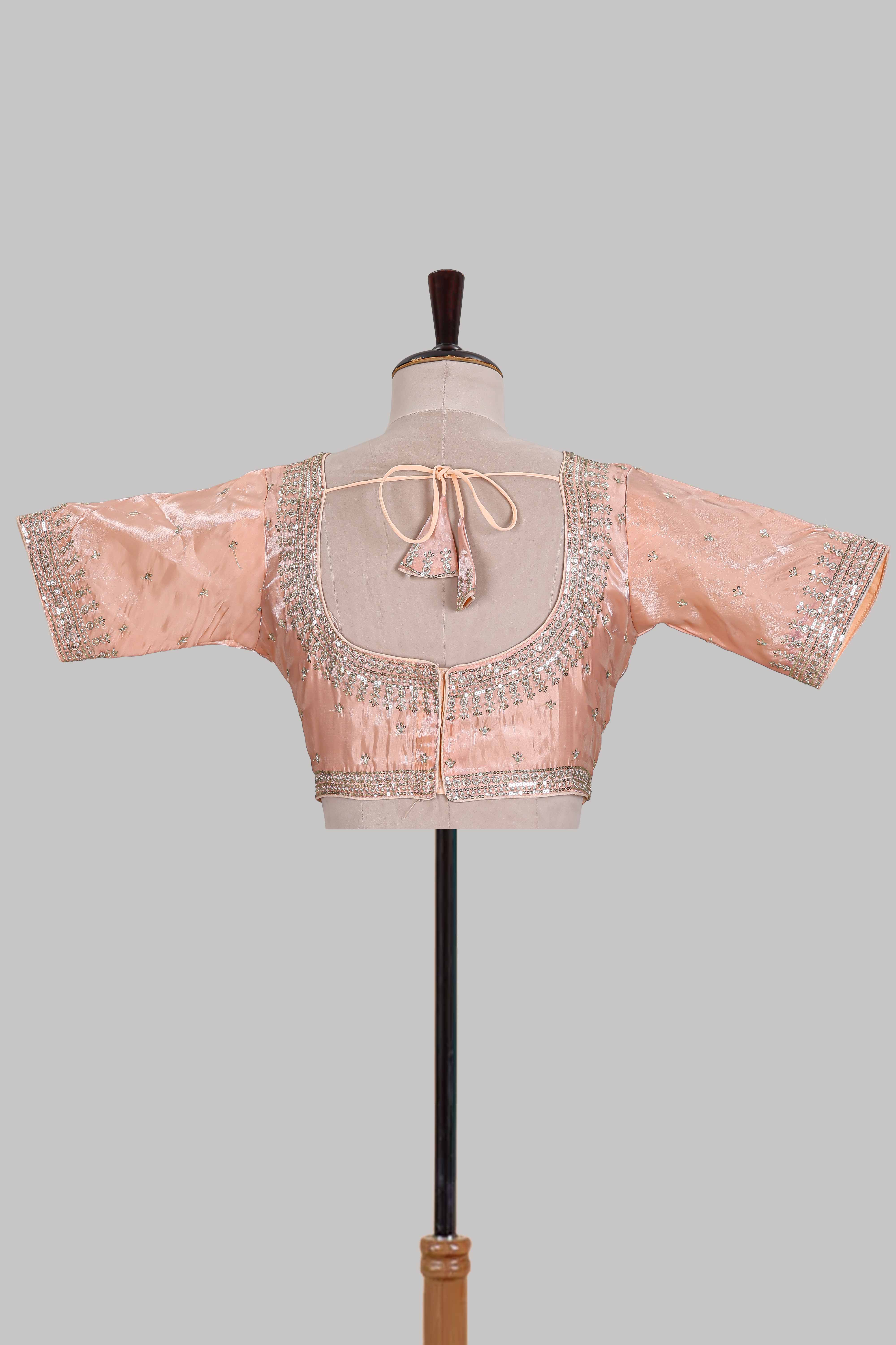 Peach butta chamki embroidery work readymade designer blouse, sleeveless U neck with back tassels