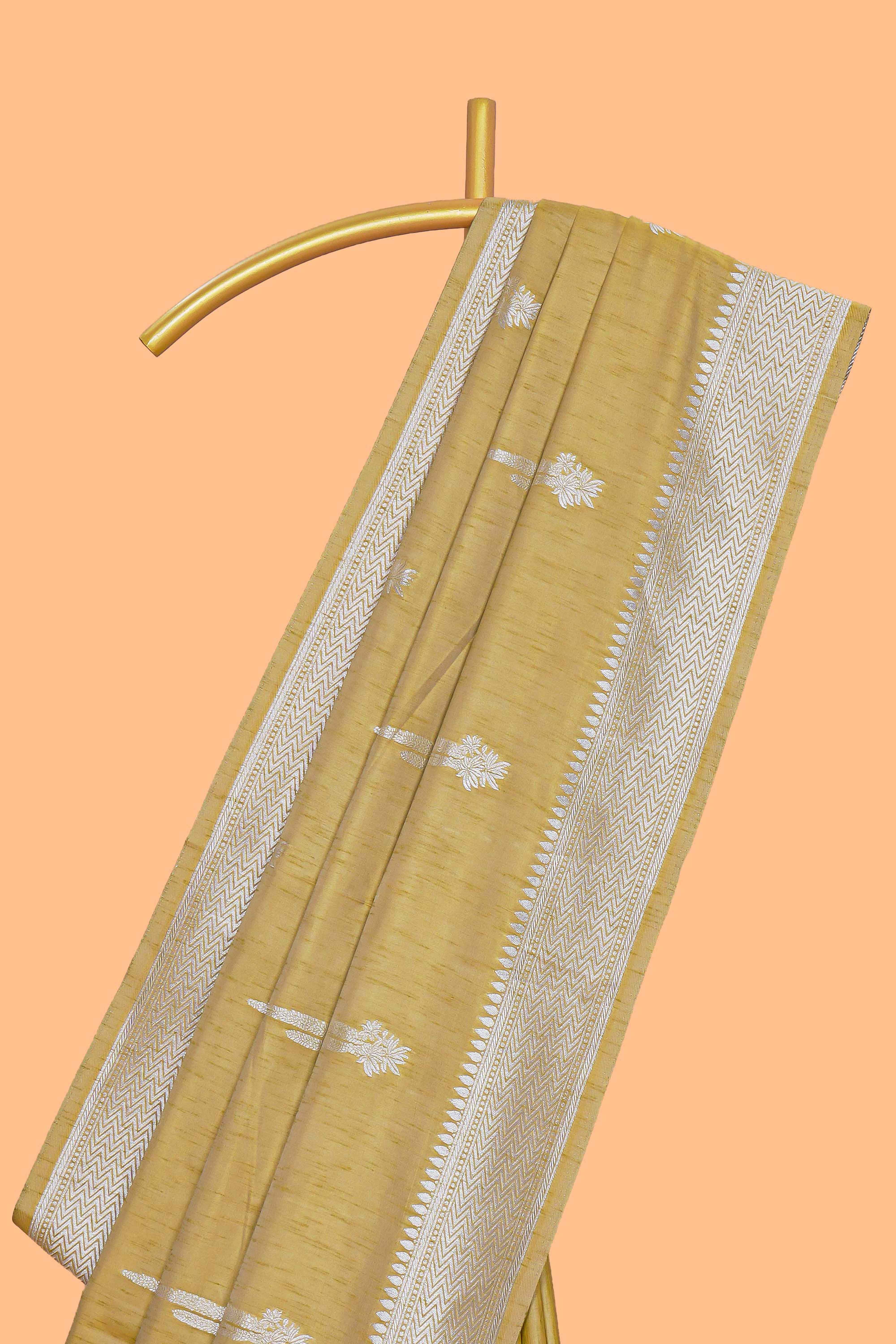 Mustard floral zari motifs design raw silk saree with self zari border and matching motifs blouse
